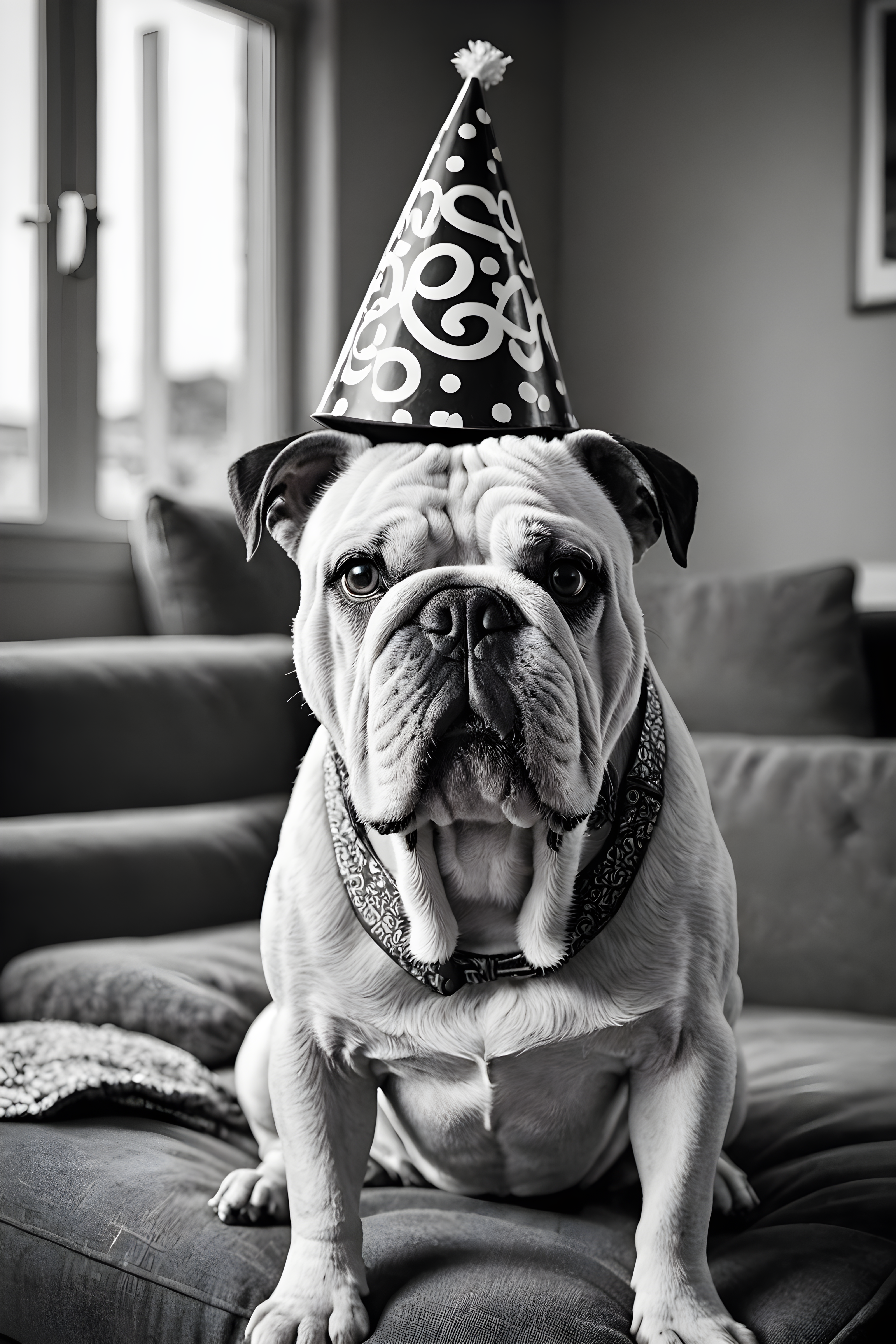 Birthday Hat Bulldog — Black & White (Lifestyle)