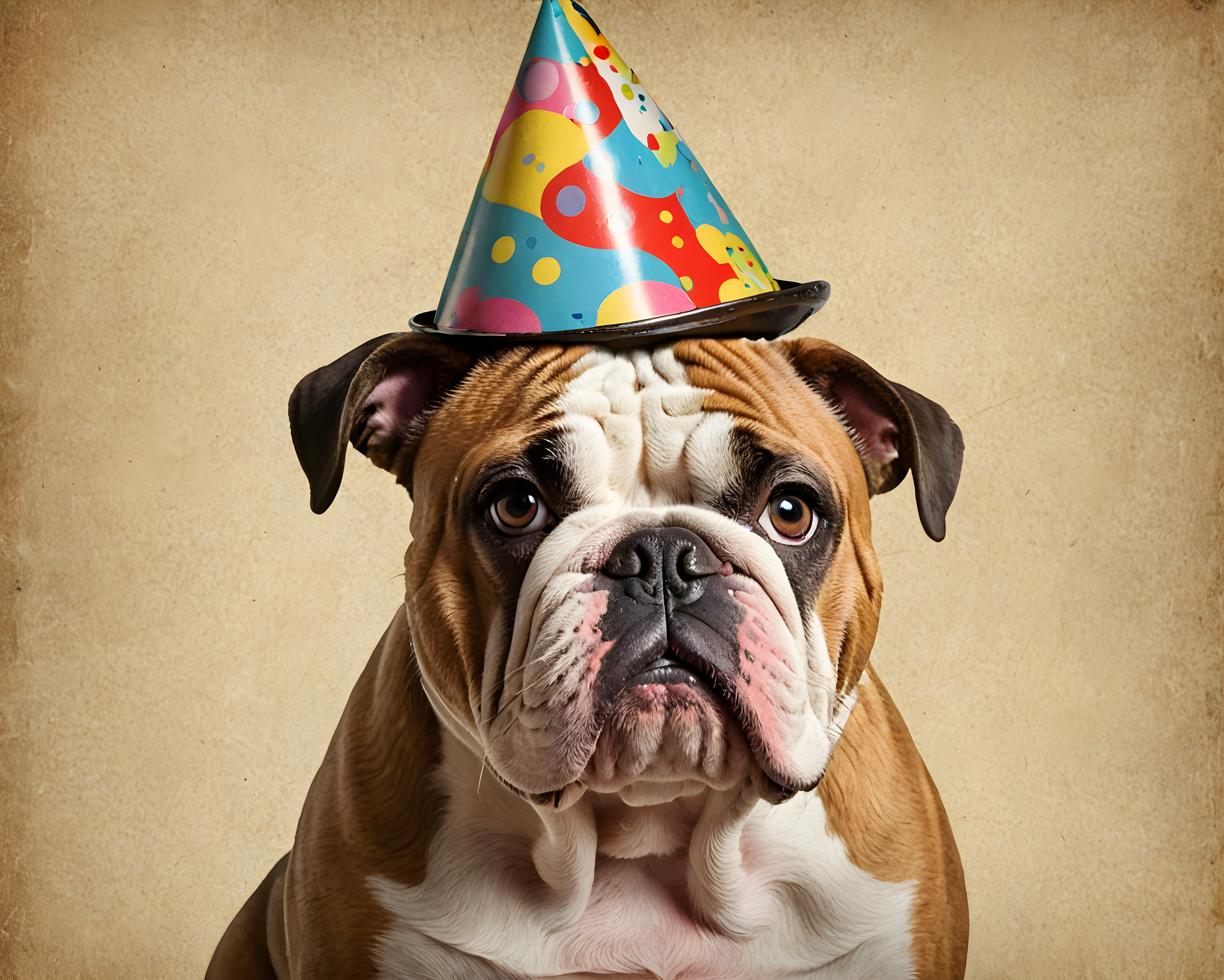 Birthday Hat Bulldog — Vintage Poster (Emotional)