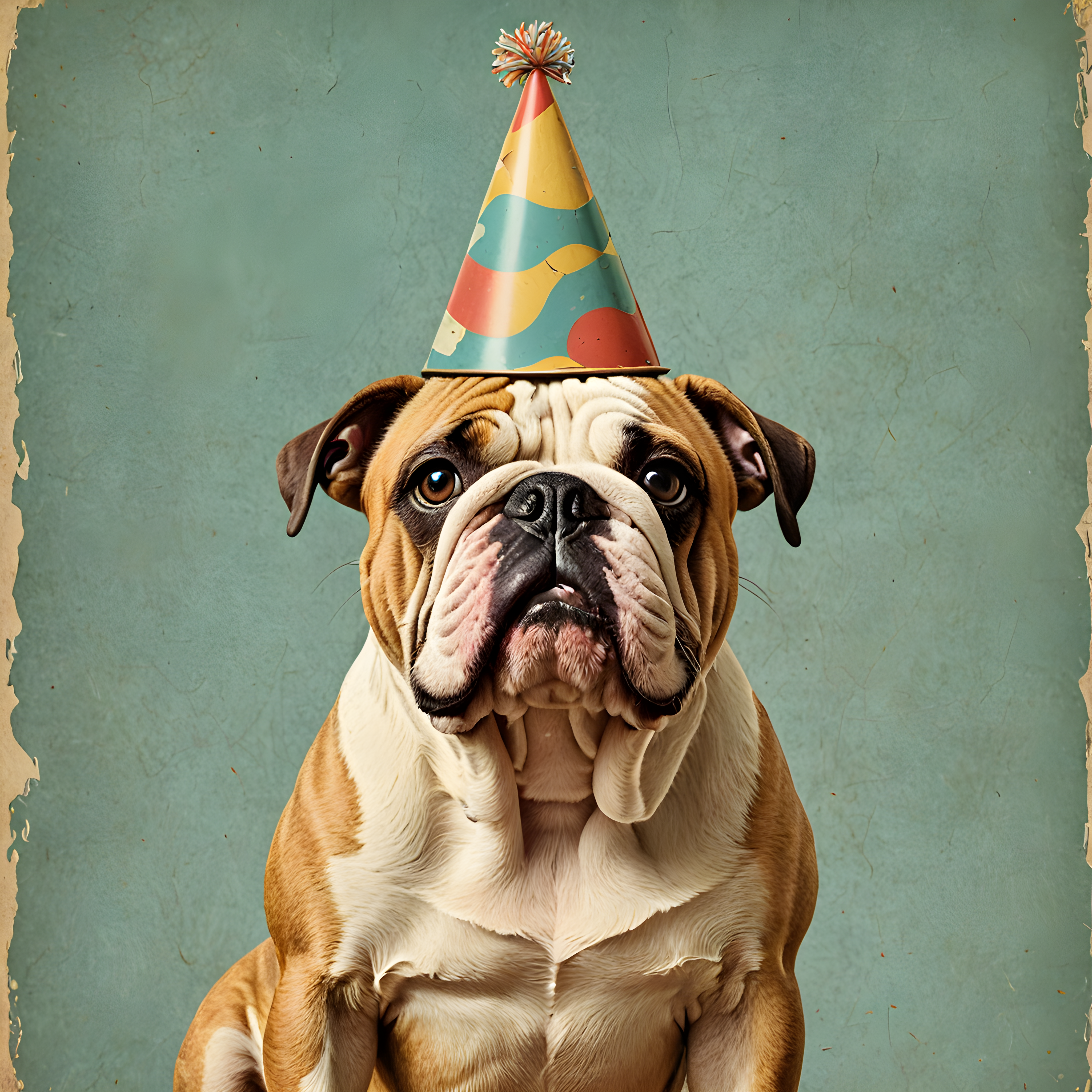 Birthday Hat Bulldog — Vintage Poster (Fantasy)