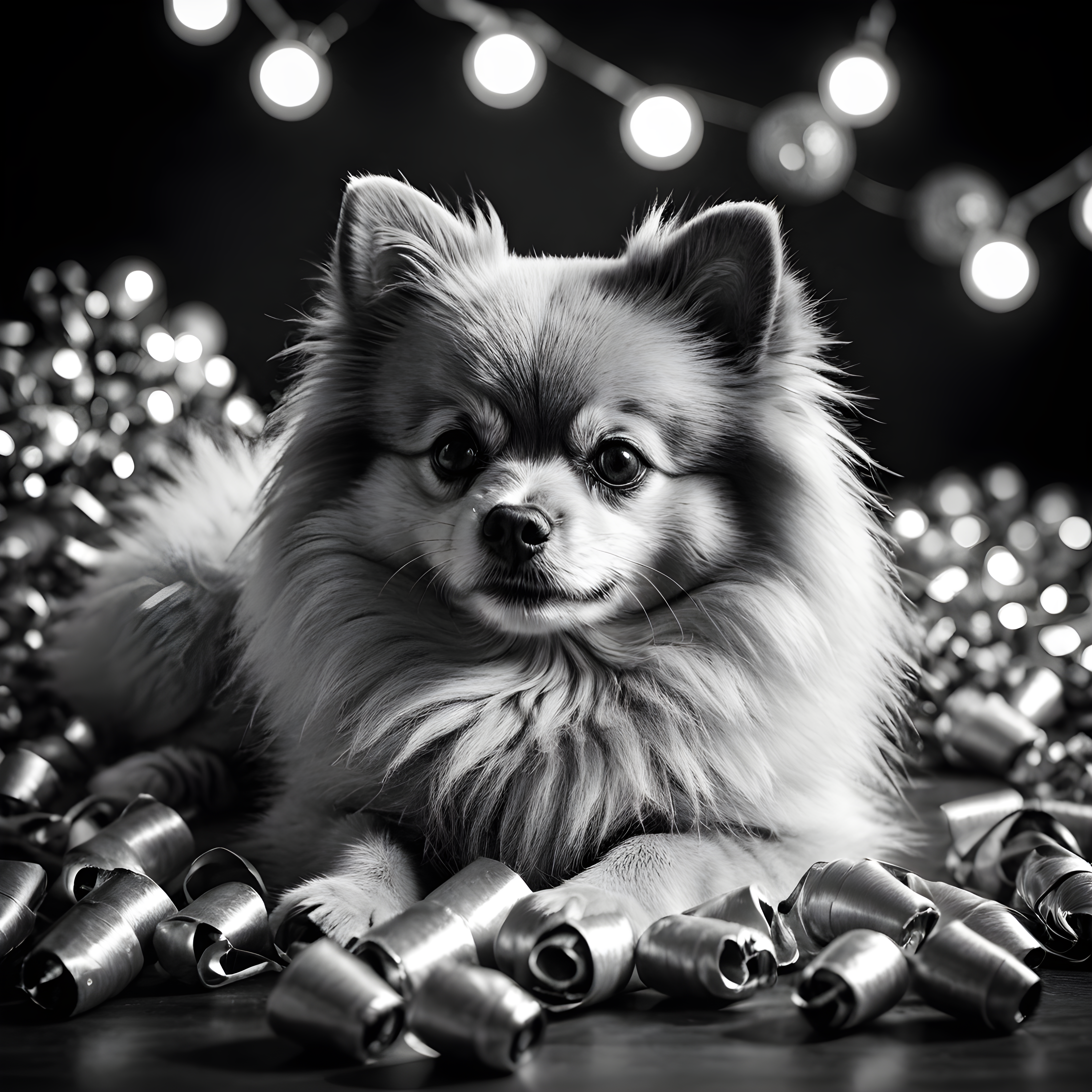 Party Streamer Pomeranian — Black & White (Sleepy)