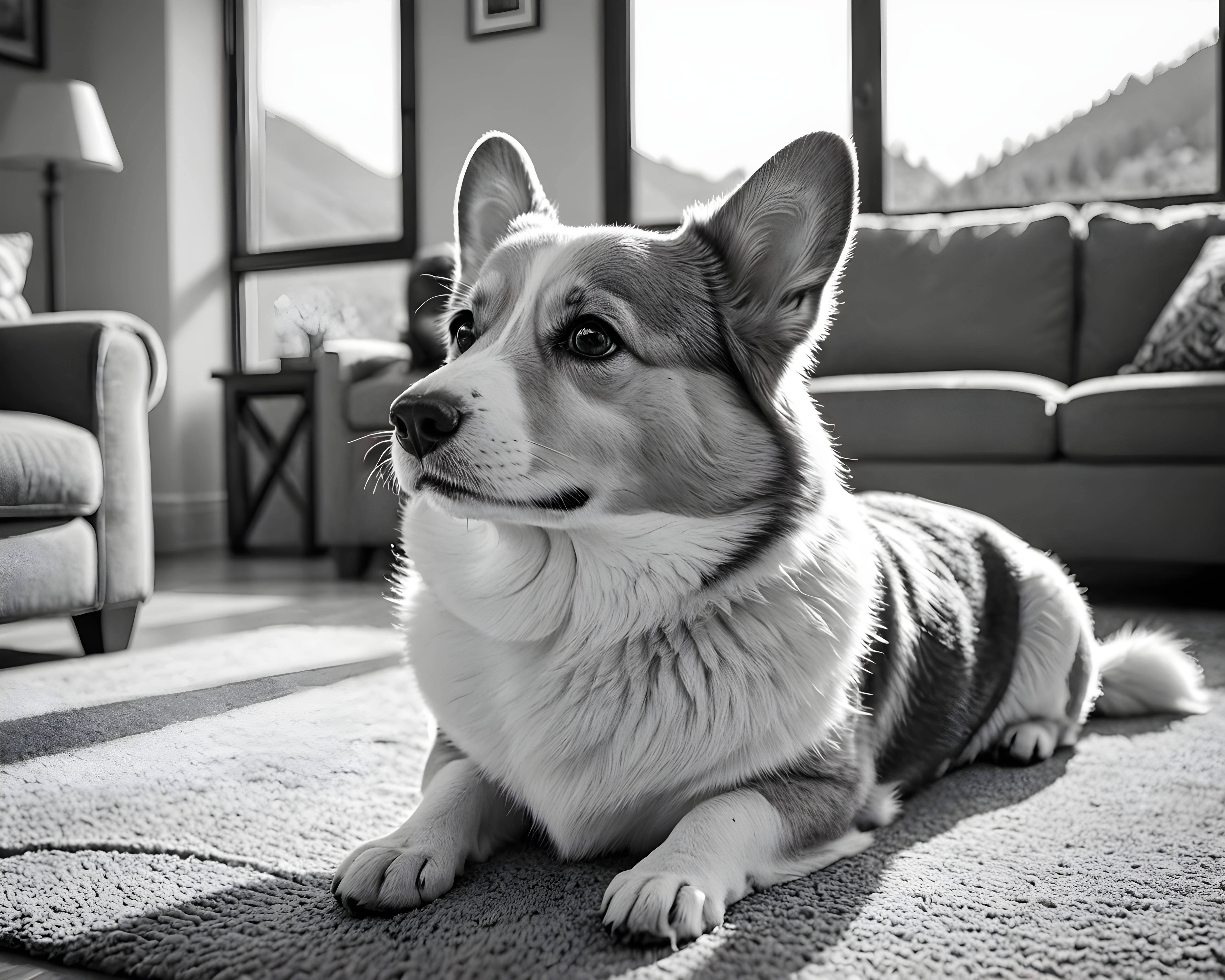 Pixar Style Corgi — Black & White (Emotional)