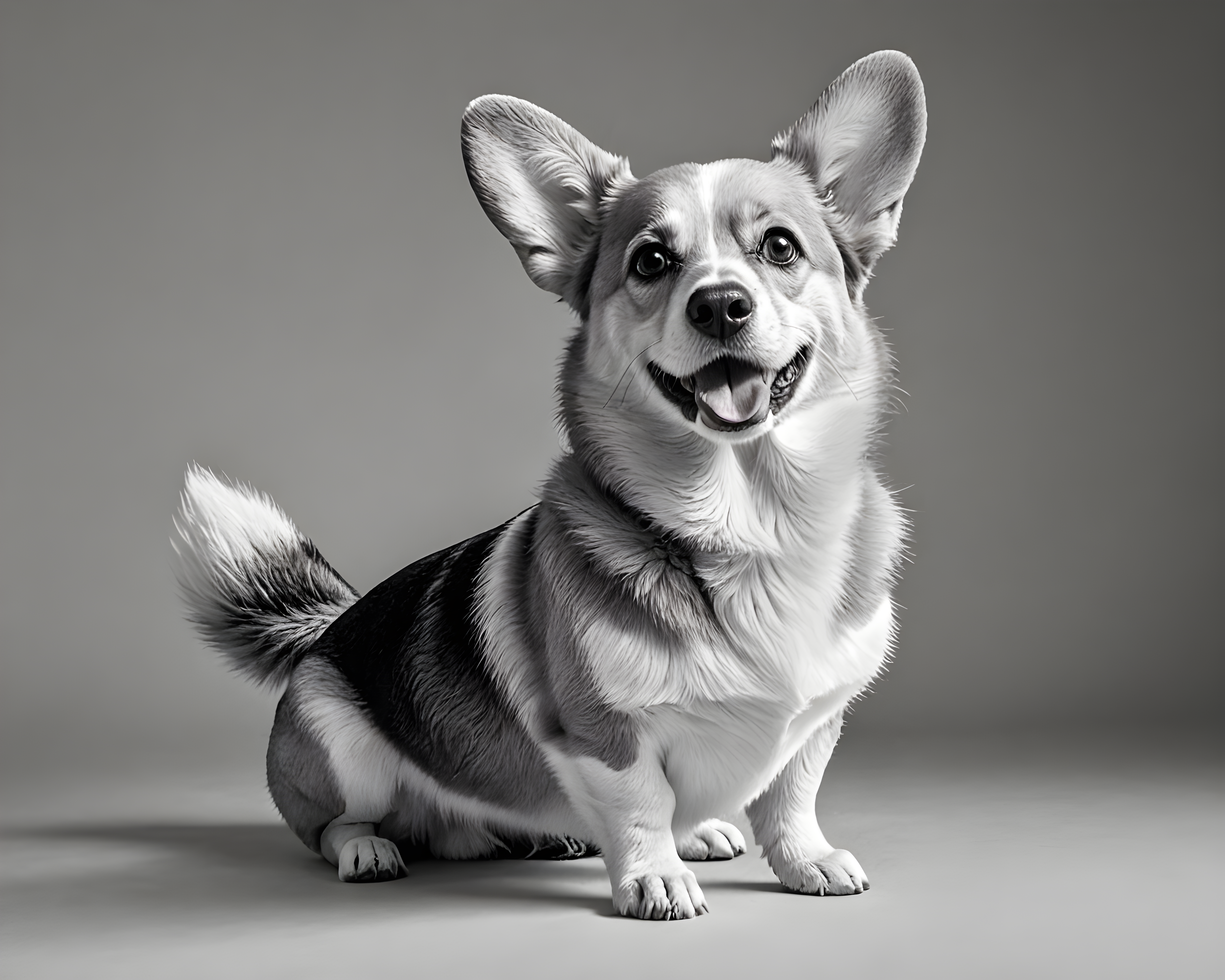 Pixar Style Corgi — Black & White (Energetic)