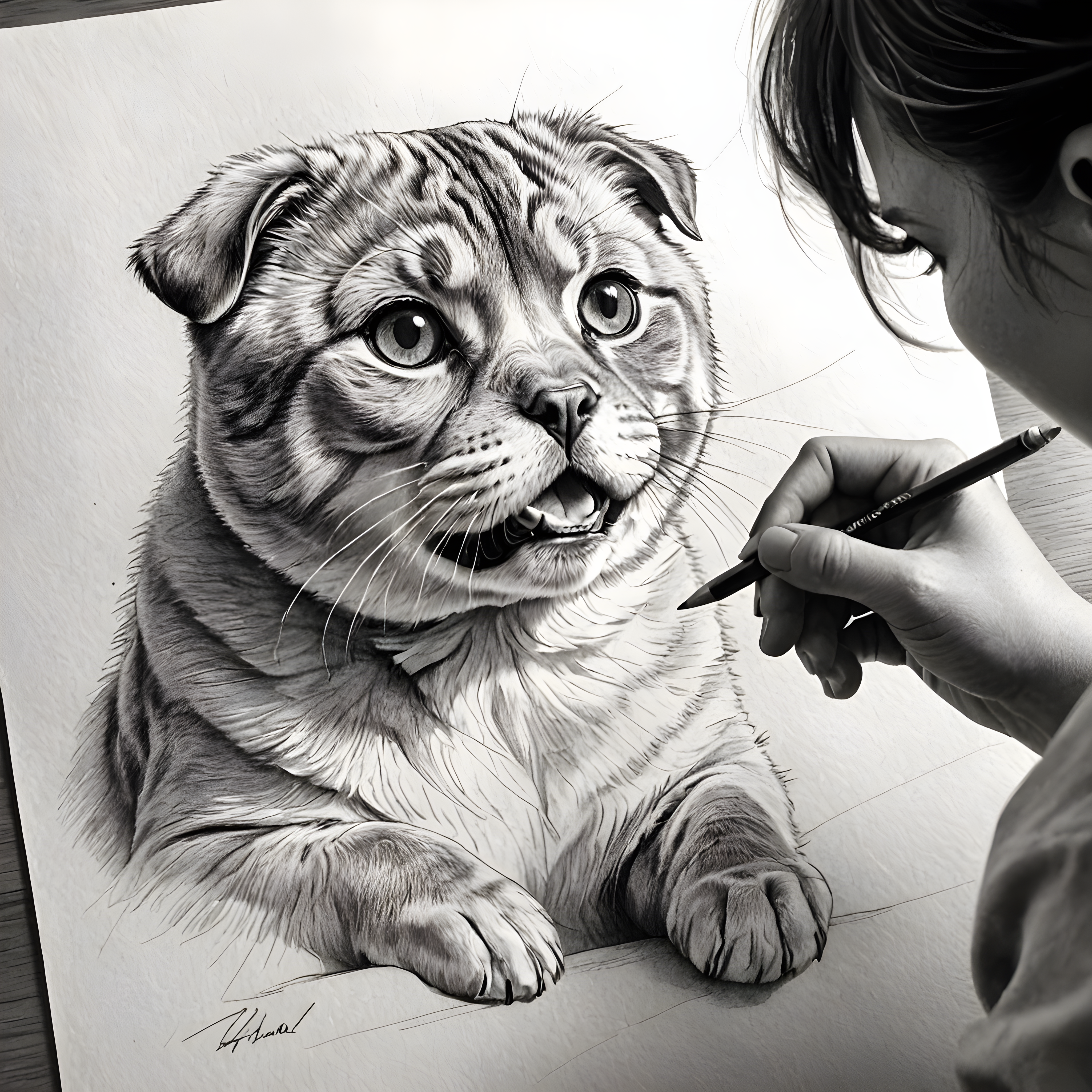 Scottish Fold — Pencil Sketch (Happy)