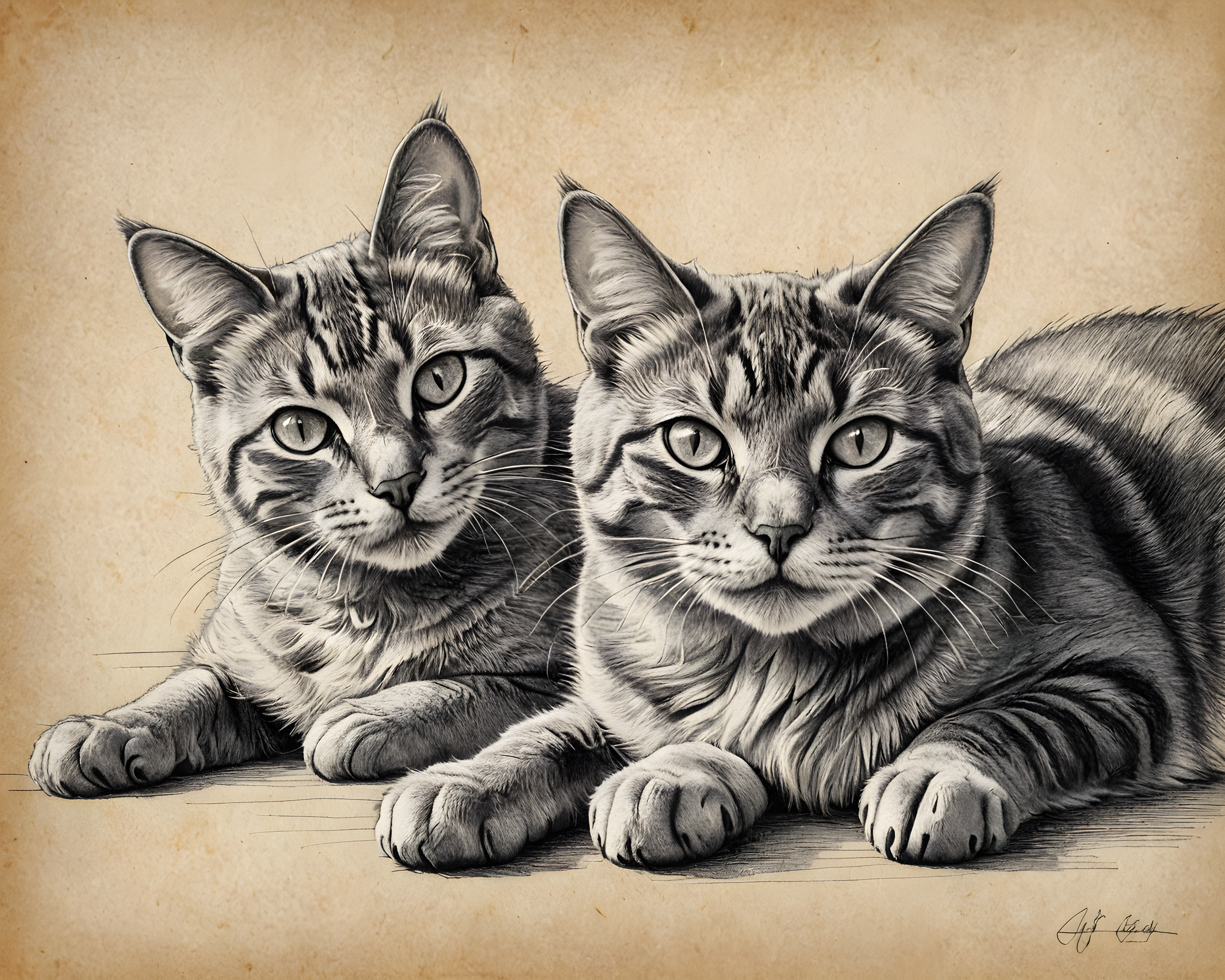 Cat And Dog Pair — Pencil Sketch (Happy)