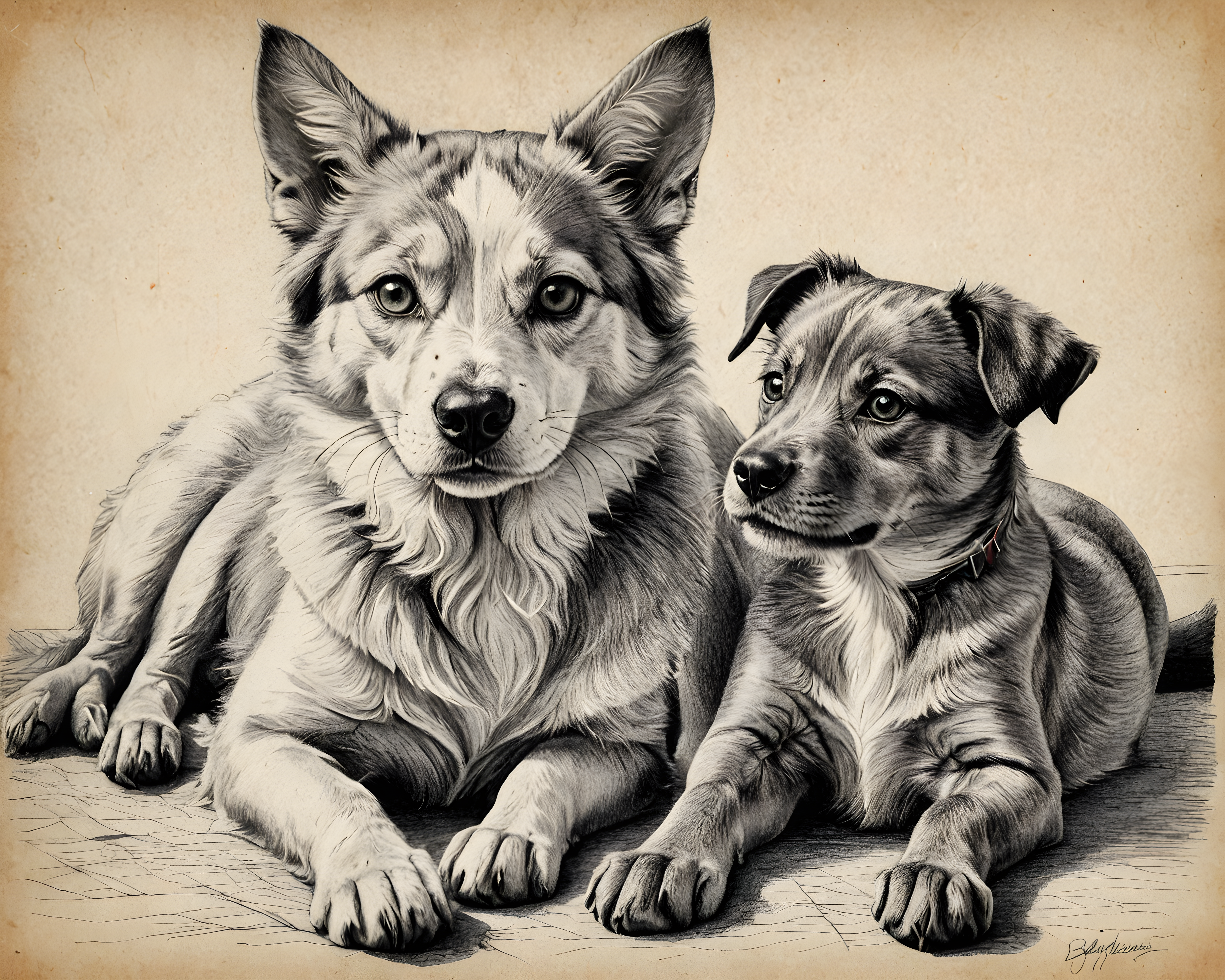Cat And Dog Pair — Pencil Sketch (Playful)