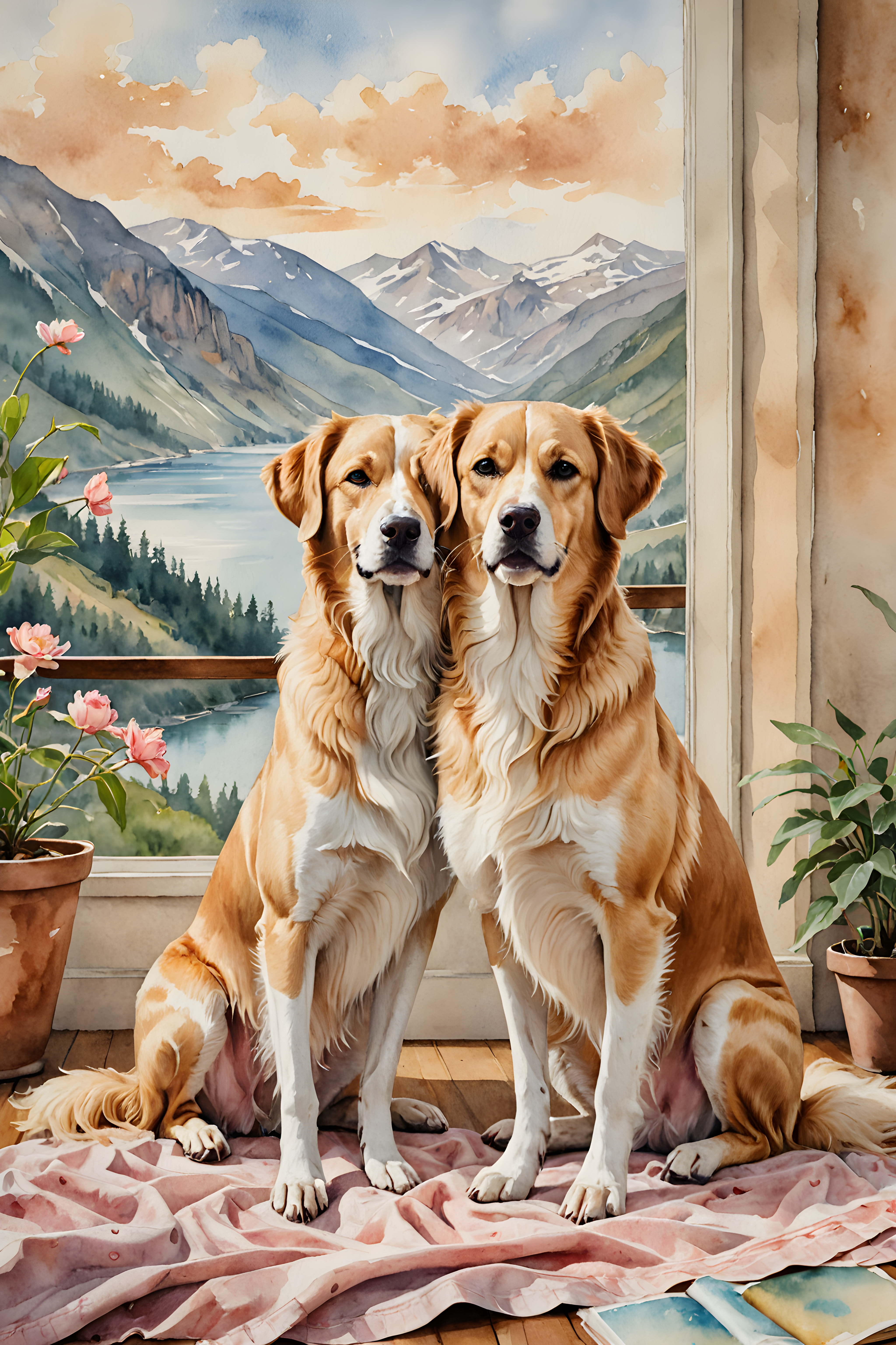 Matching Dog Pair — Watercolor (Romantic)