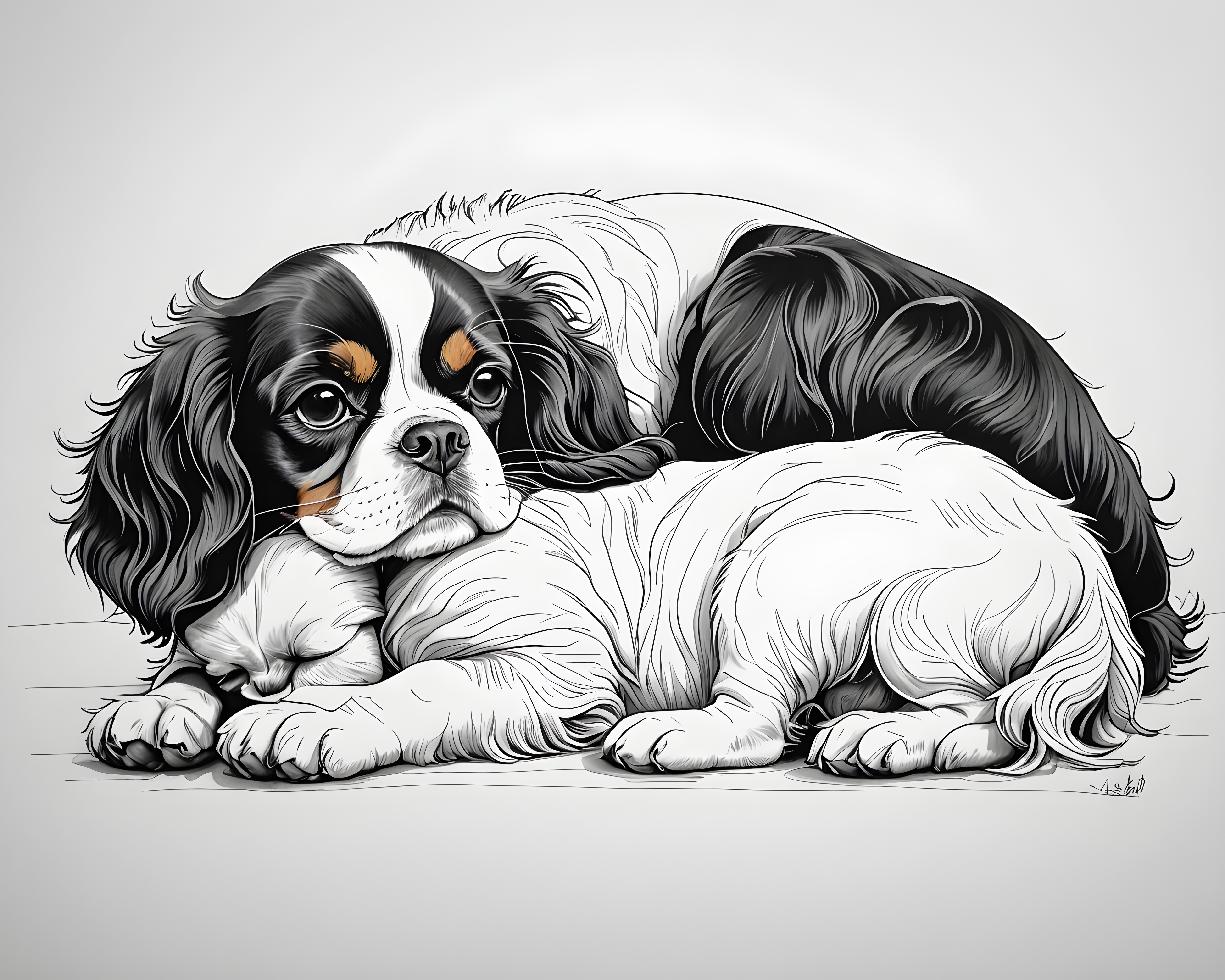 Cavalier King Charles Spaniel — Minimalist Line Art (Sleepy)