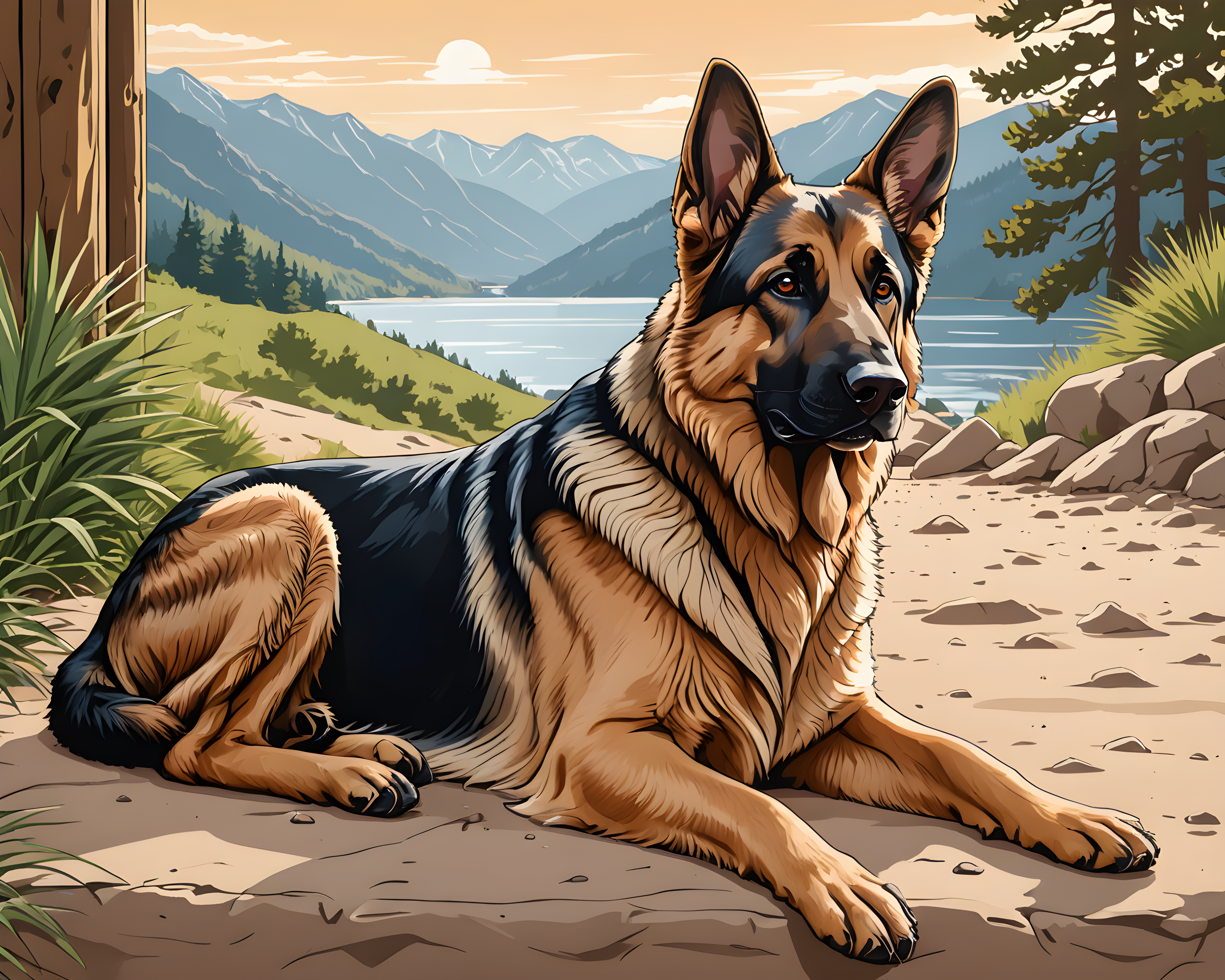 German Shepherd — Line Art (Sleepy)