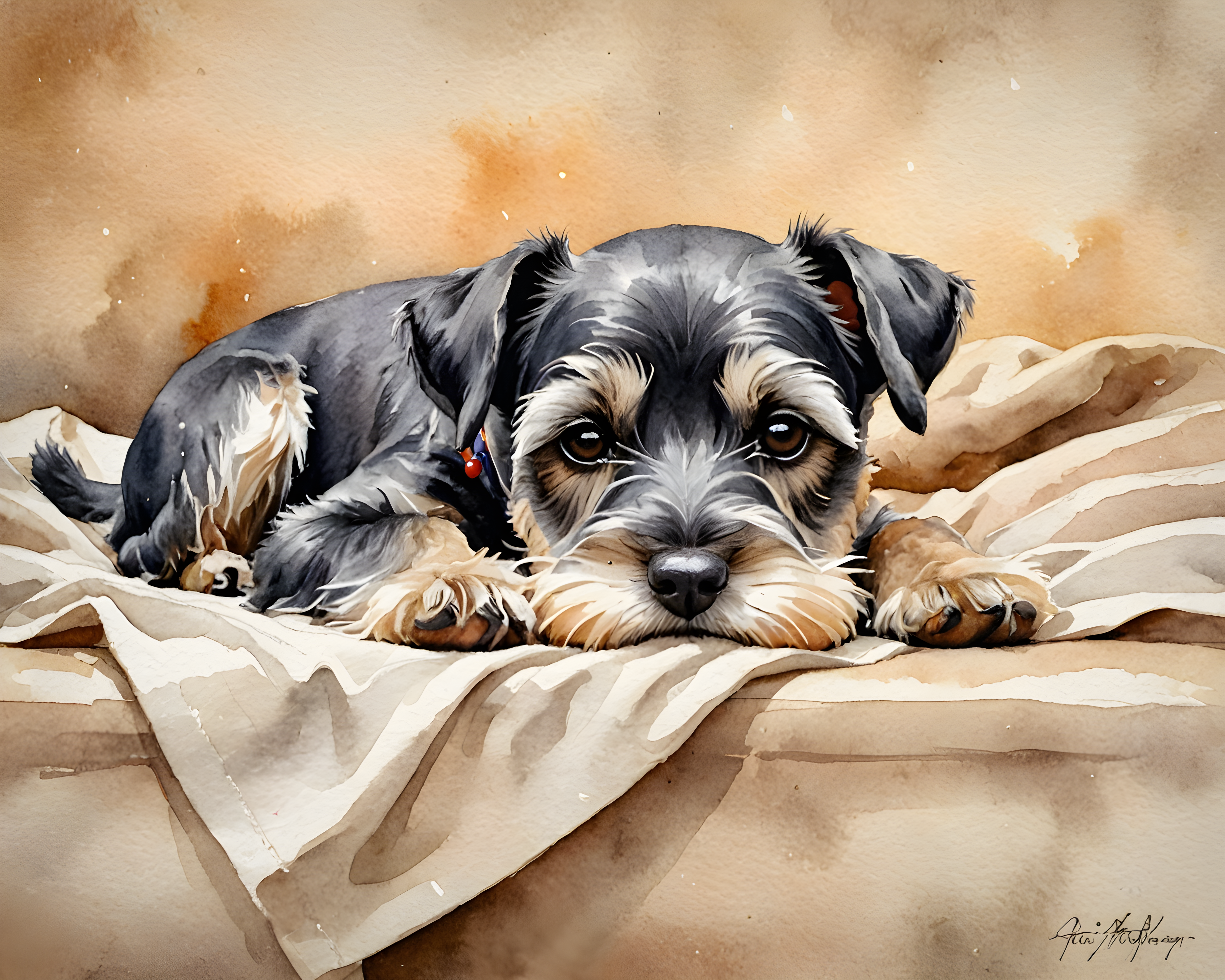 Miniature Schnauzer — Watercolor (Sleepy)