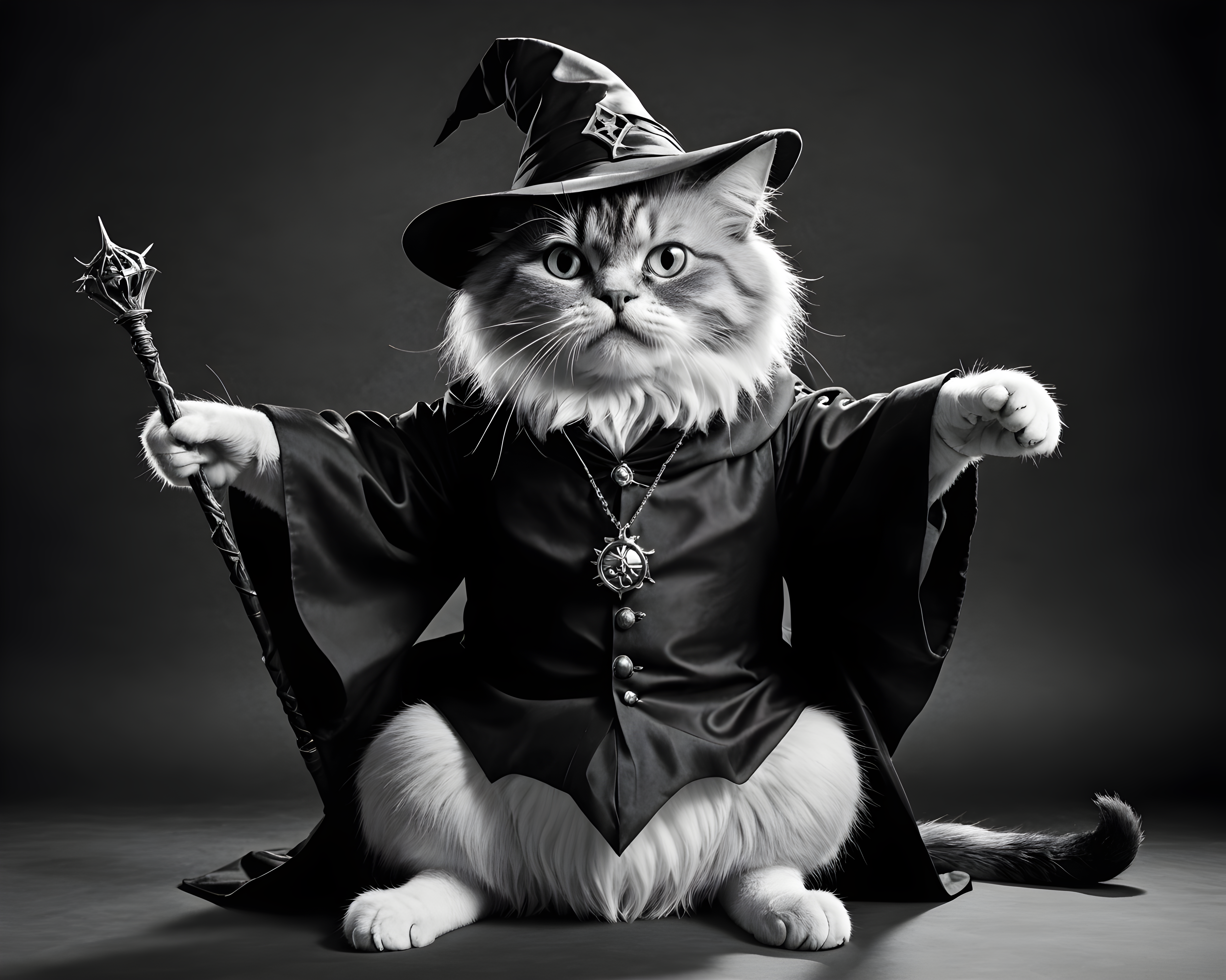 Wizard Cat — Black & White (Funny)