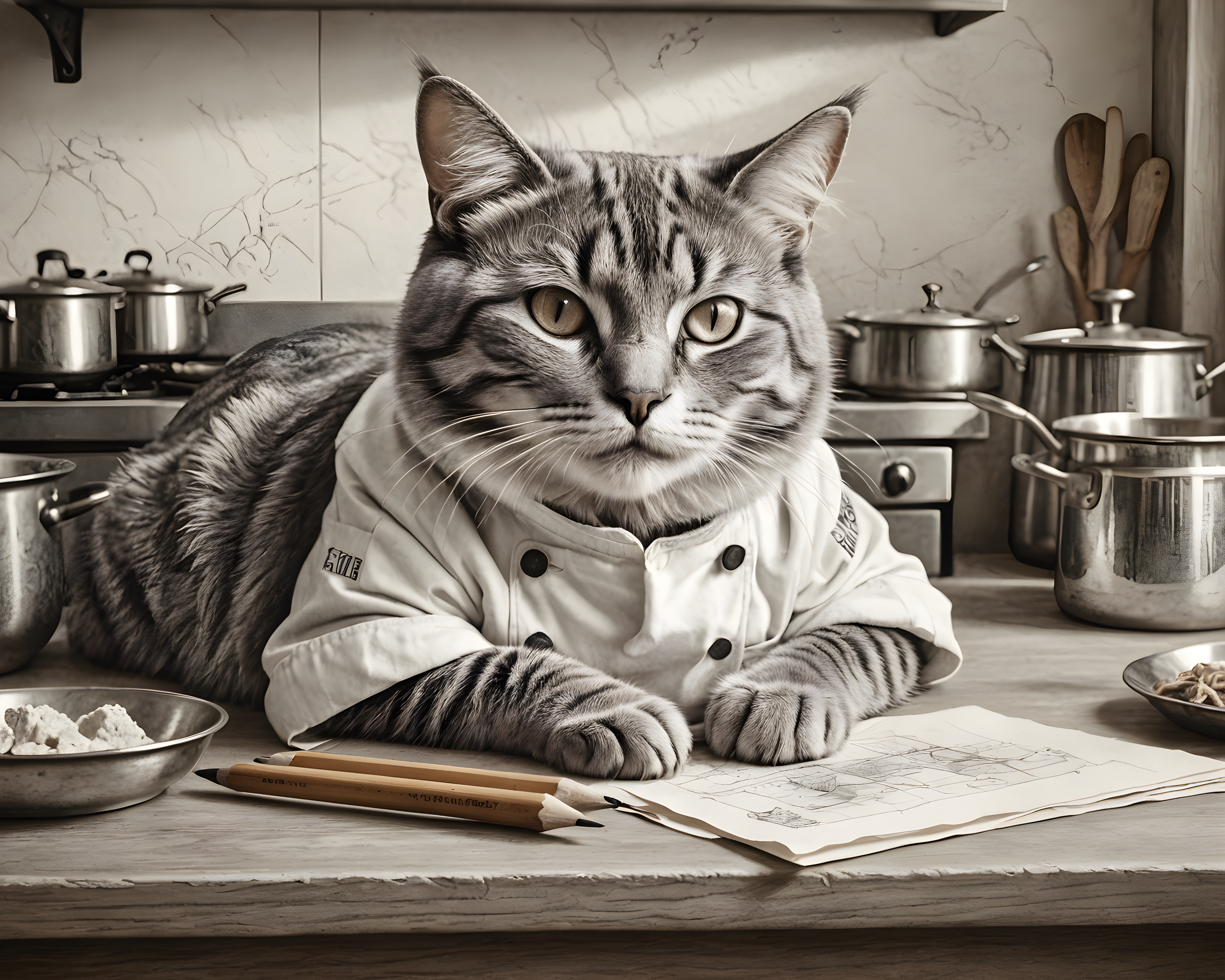 Chef Cat — Pencil Sketch (Sleepy)