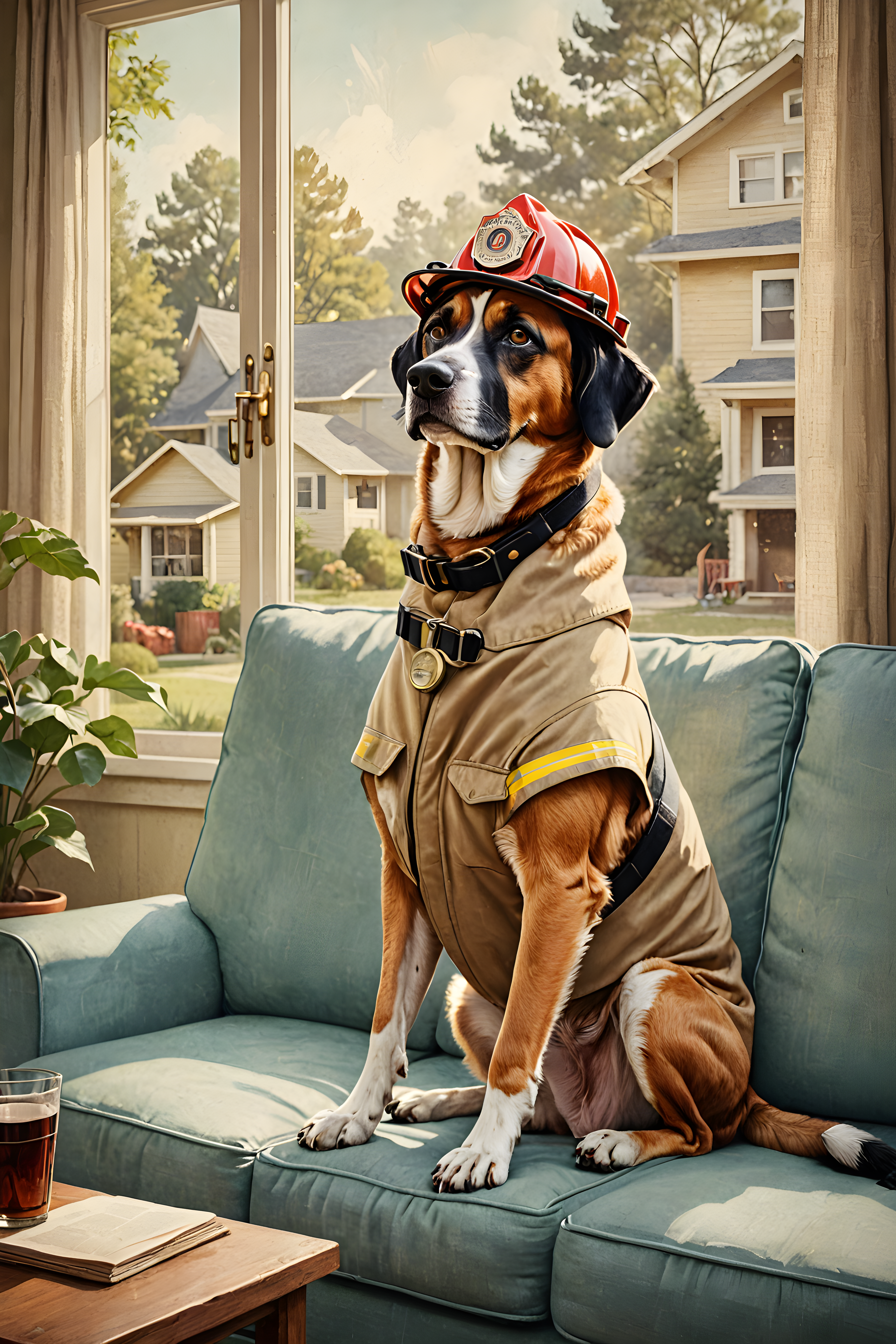 Firefighter Dog — Vintage Poster (Lifestyle)