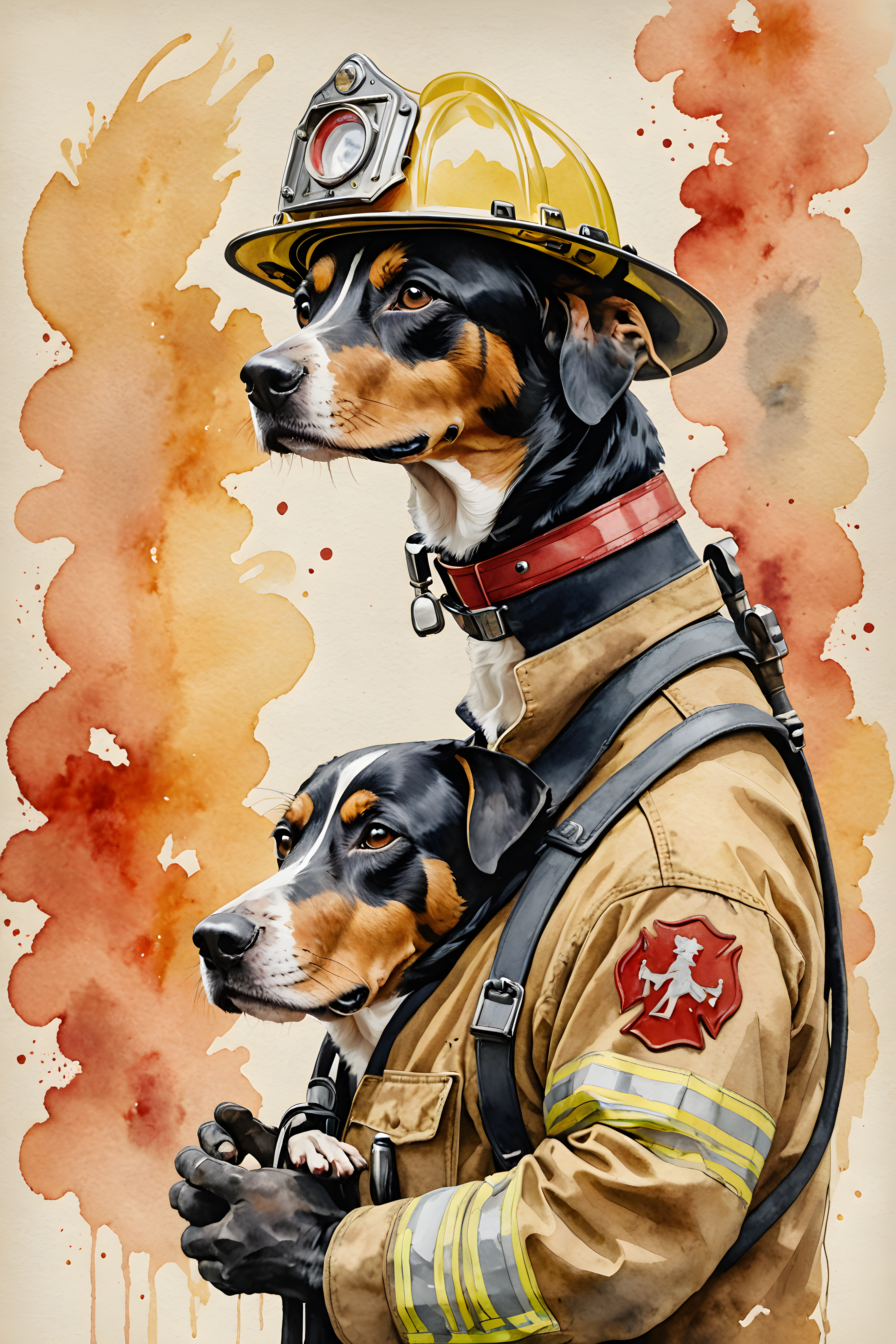 Firefighter Dog — Watercolor (Romantic)