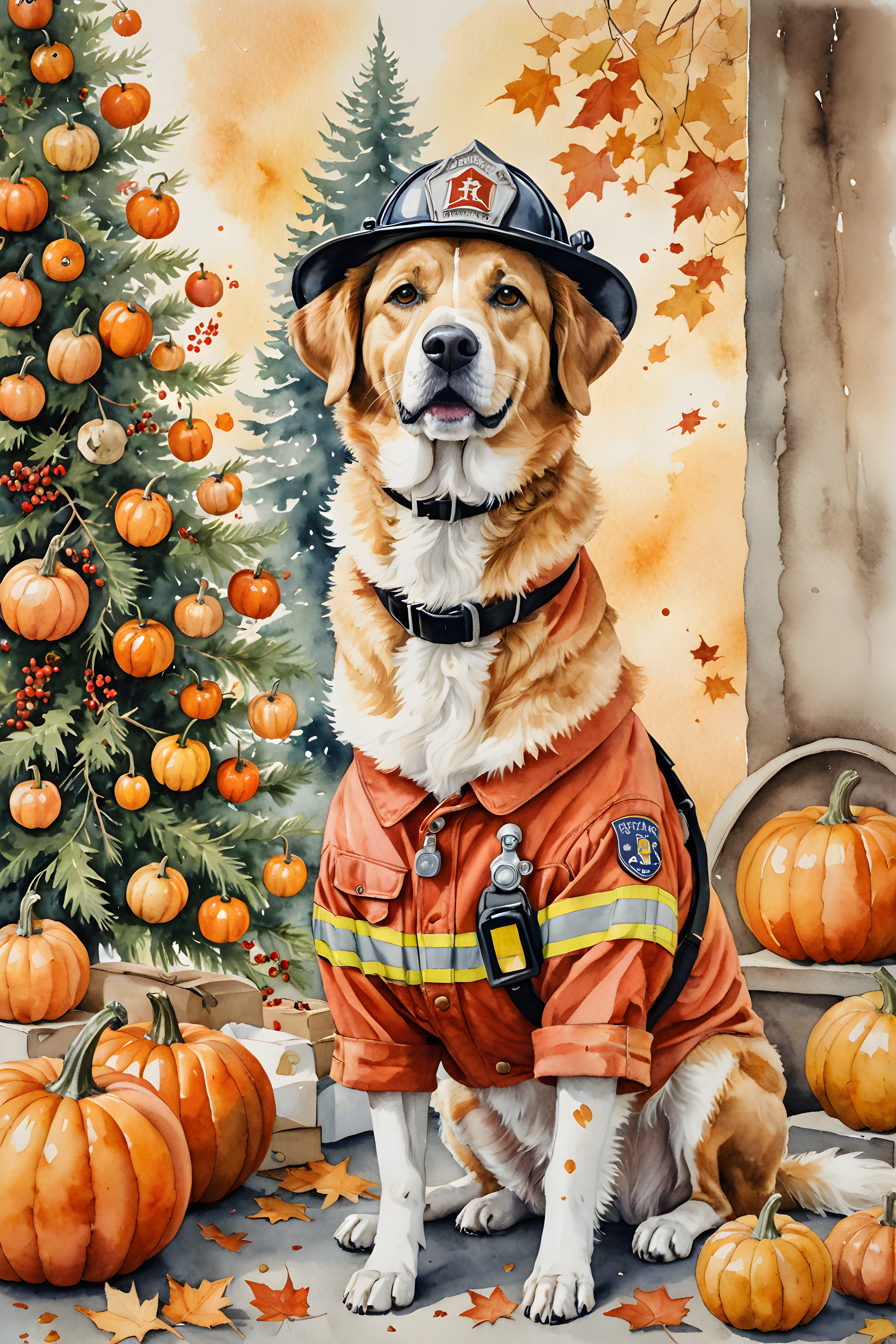 Firefighter Dog — Watercolor (Seasonal)