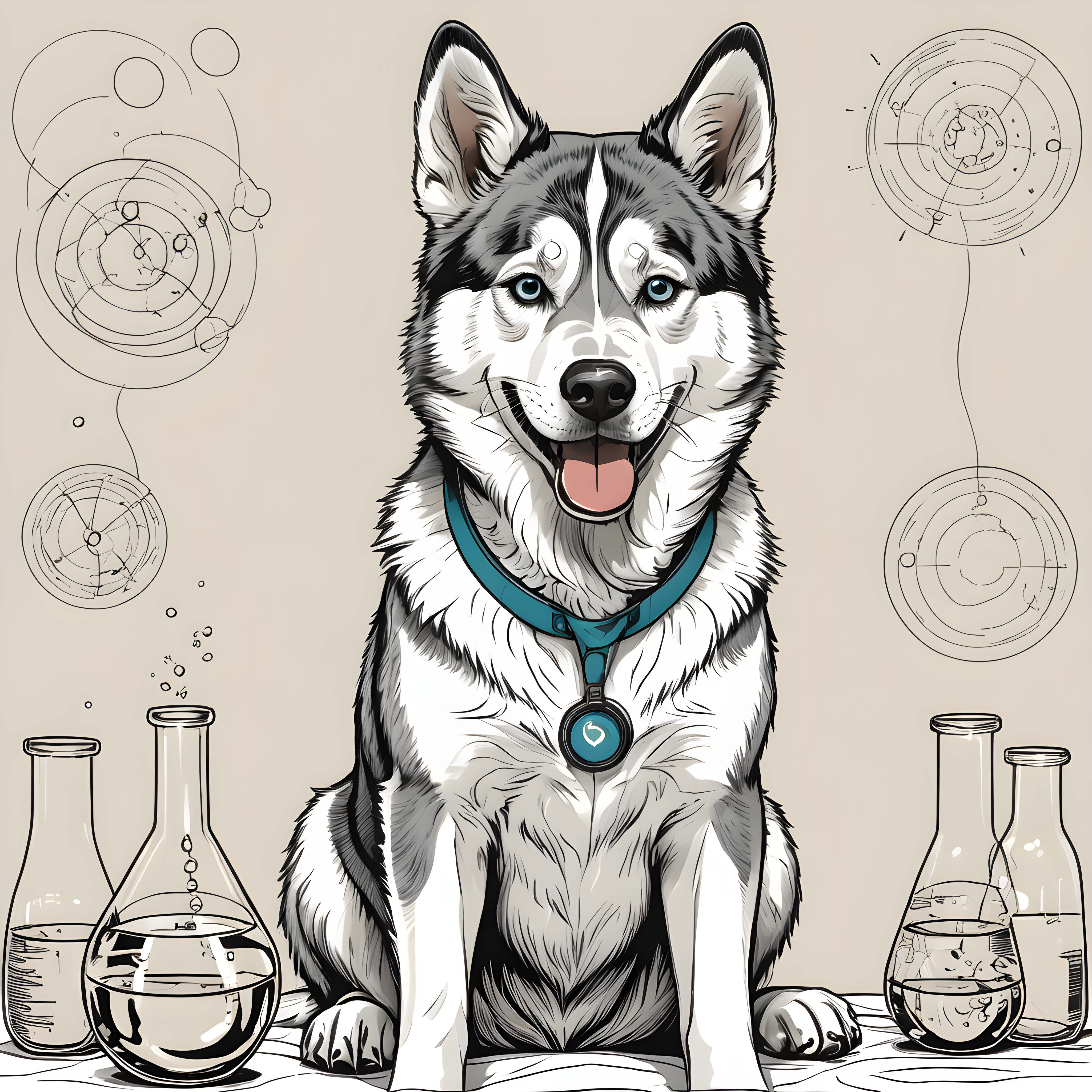 Scientist Husky — Line Art (Playful)