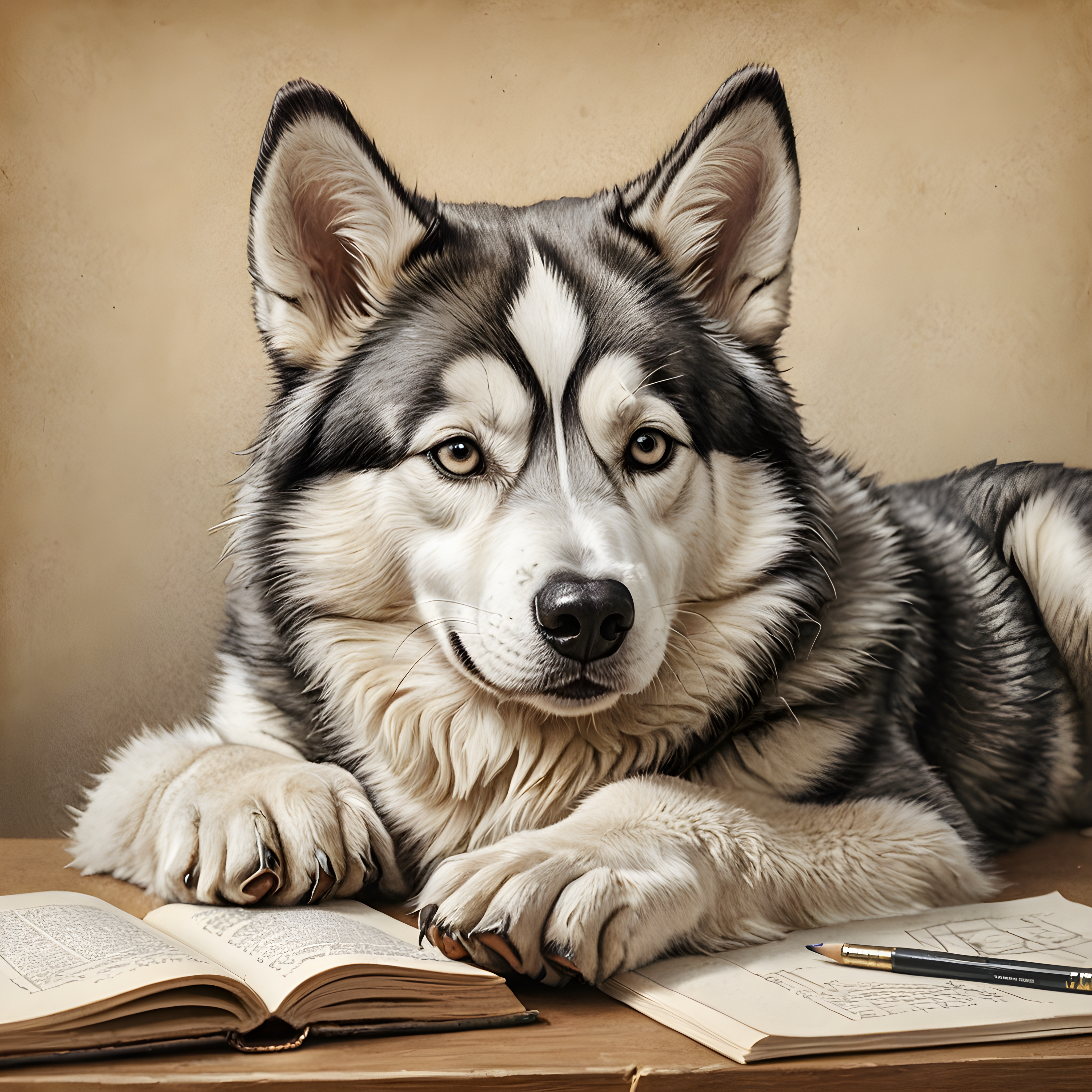 Scientist Husky — Pencil Sketch (Sleepy)