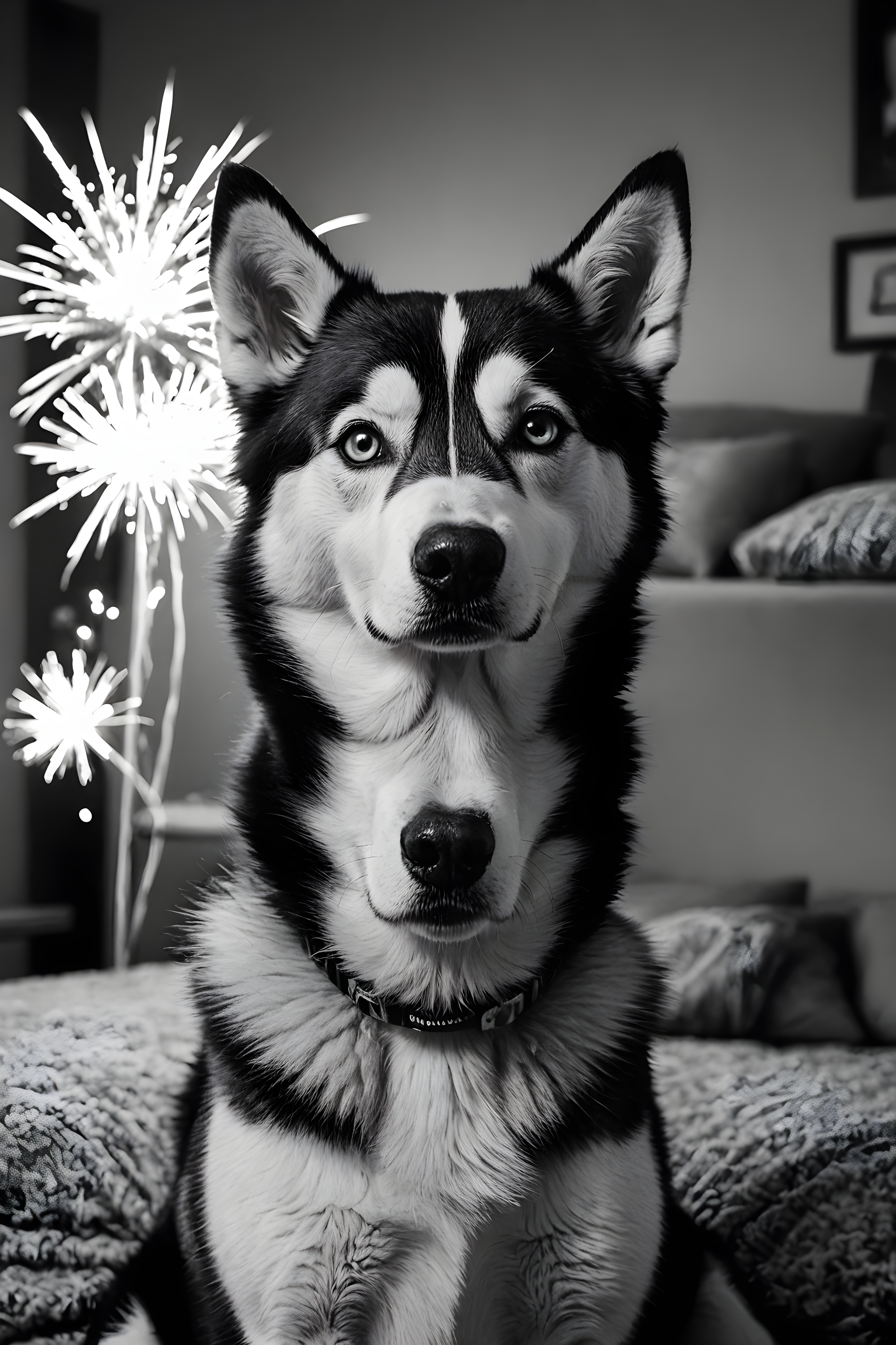 Fireworks Husky — Black & White (Funny)