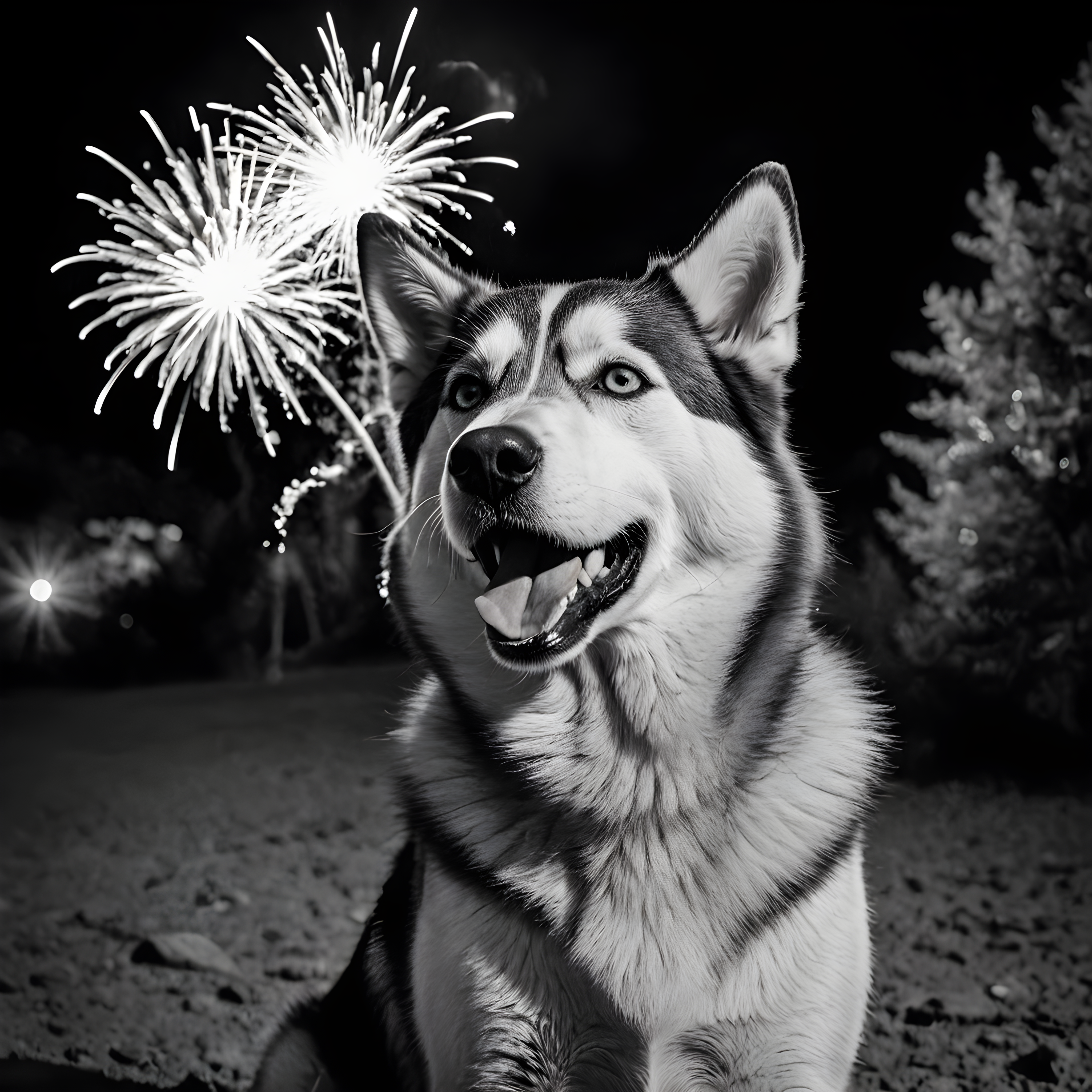 Fireworks Husky — Black & White (Happy)