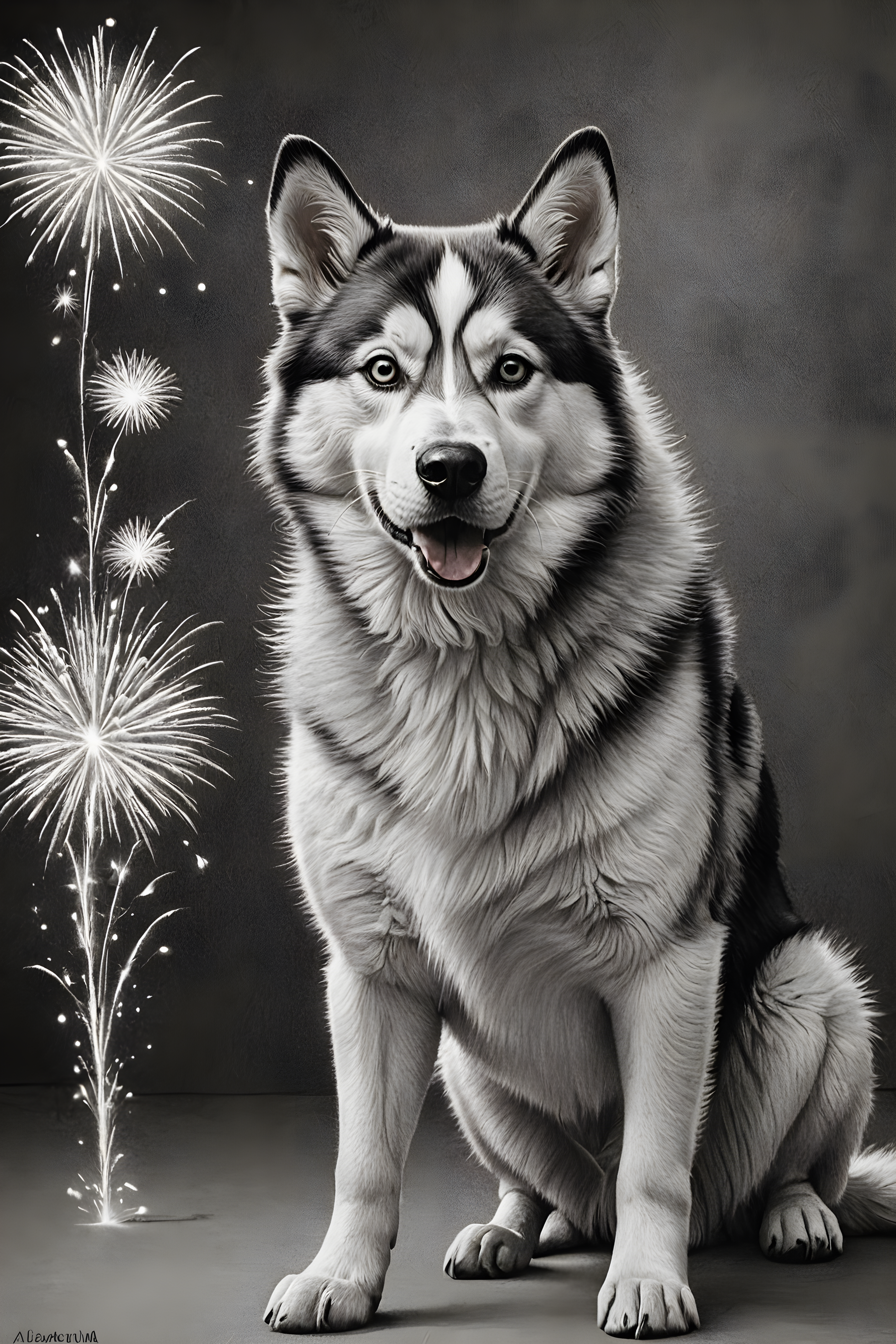 Fireworks Husky — Pencil Sketch (Emotional)