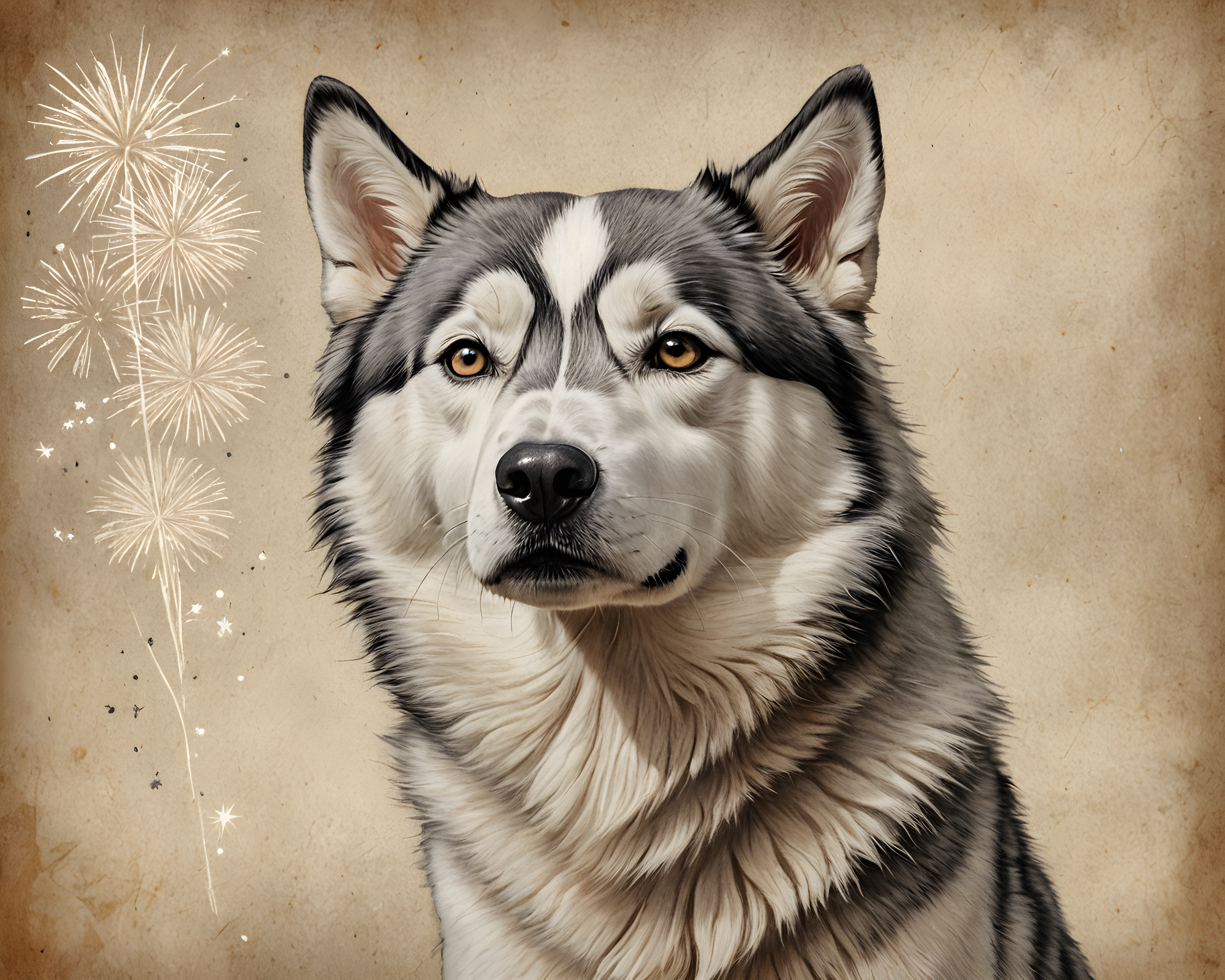 Fireworks Husky — Pencil Sketch (Romantic)