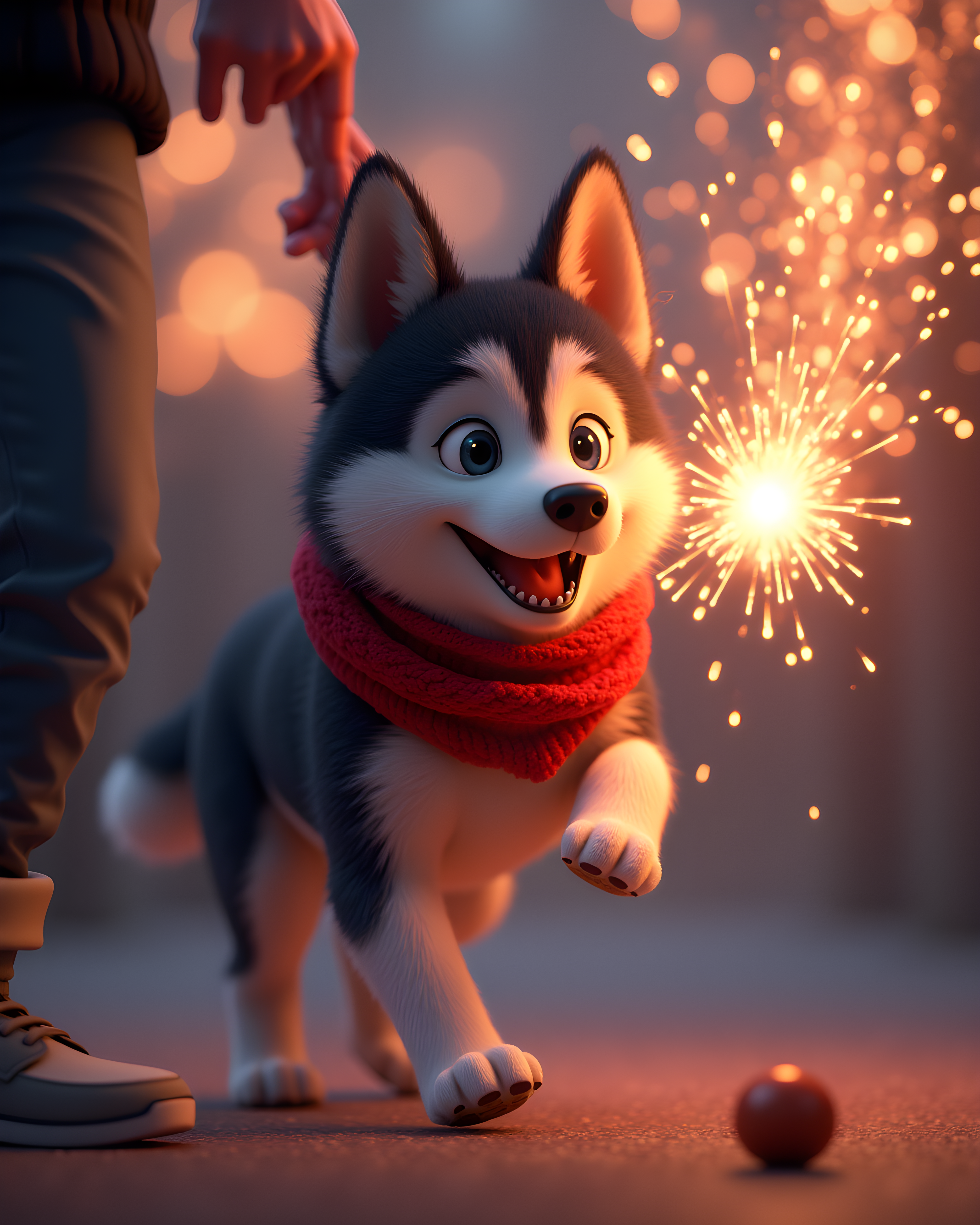 Fireworks Husky — 3D Render (Playful)