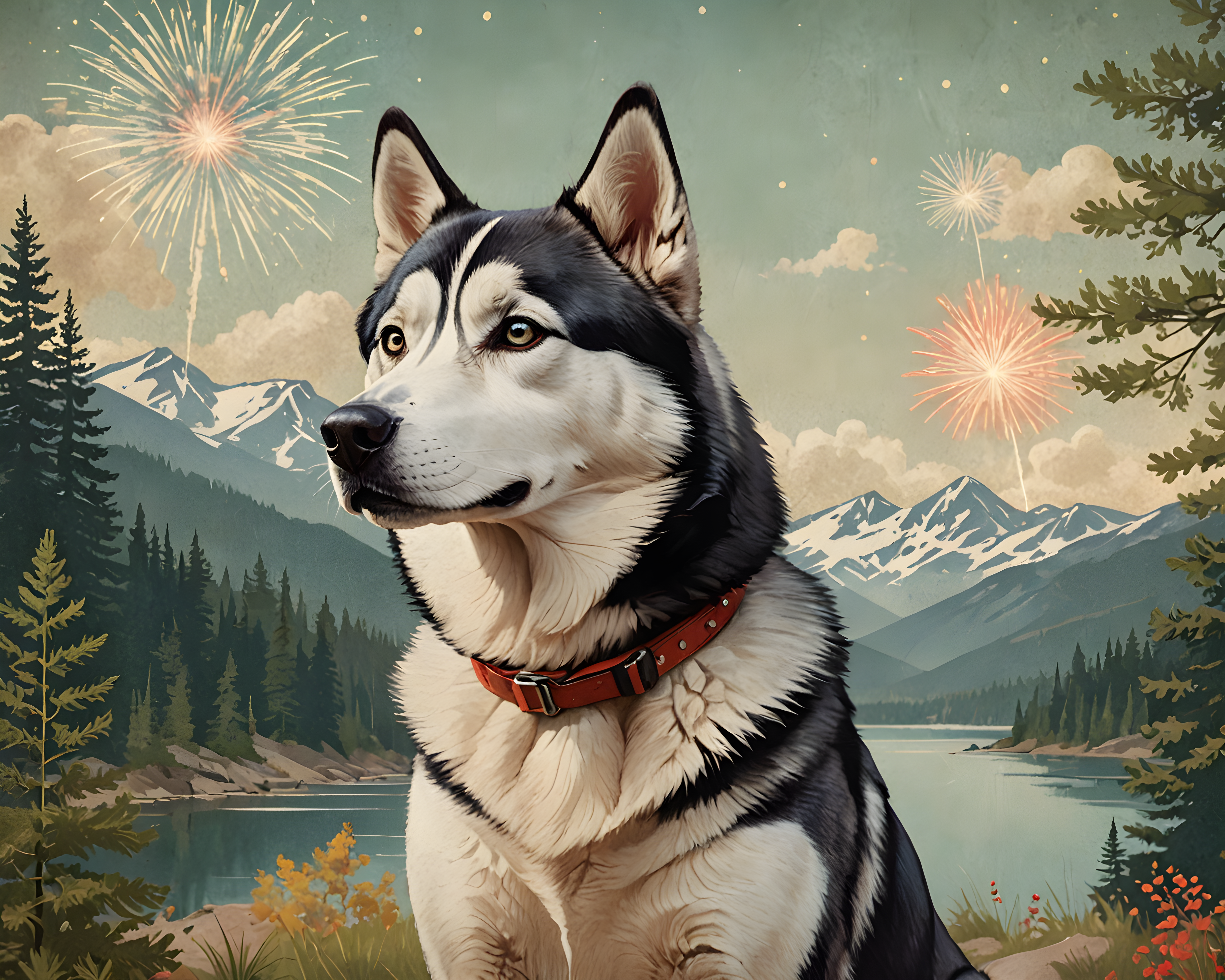 Fireworks Husky — Vintage Poster (Aesthetic)