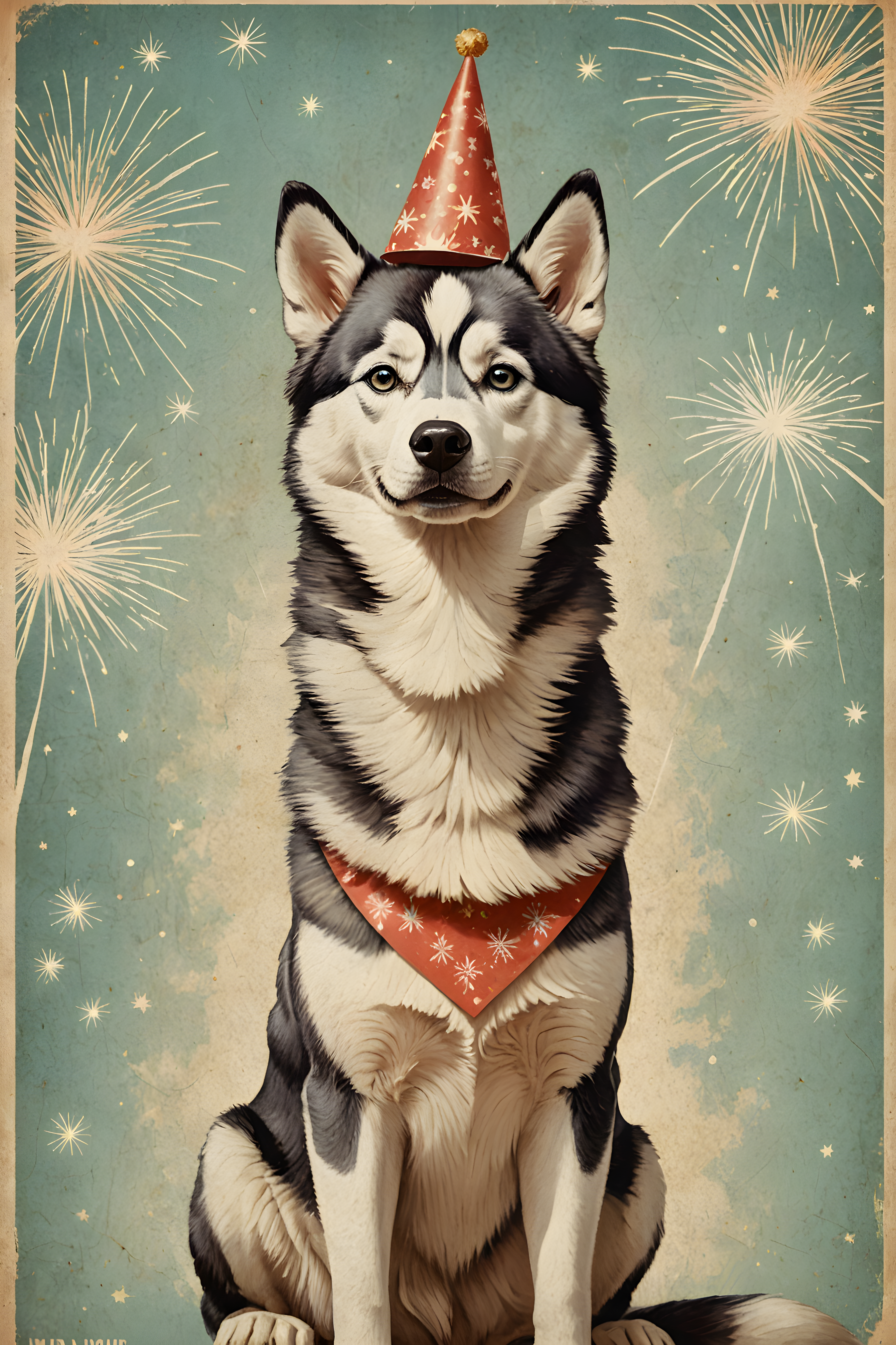 Fireworks Husky — Vintage Poster (Cute)