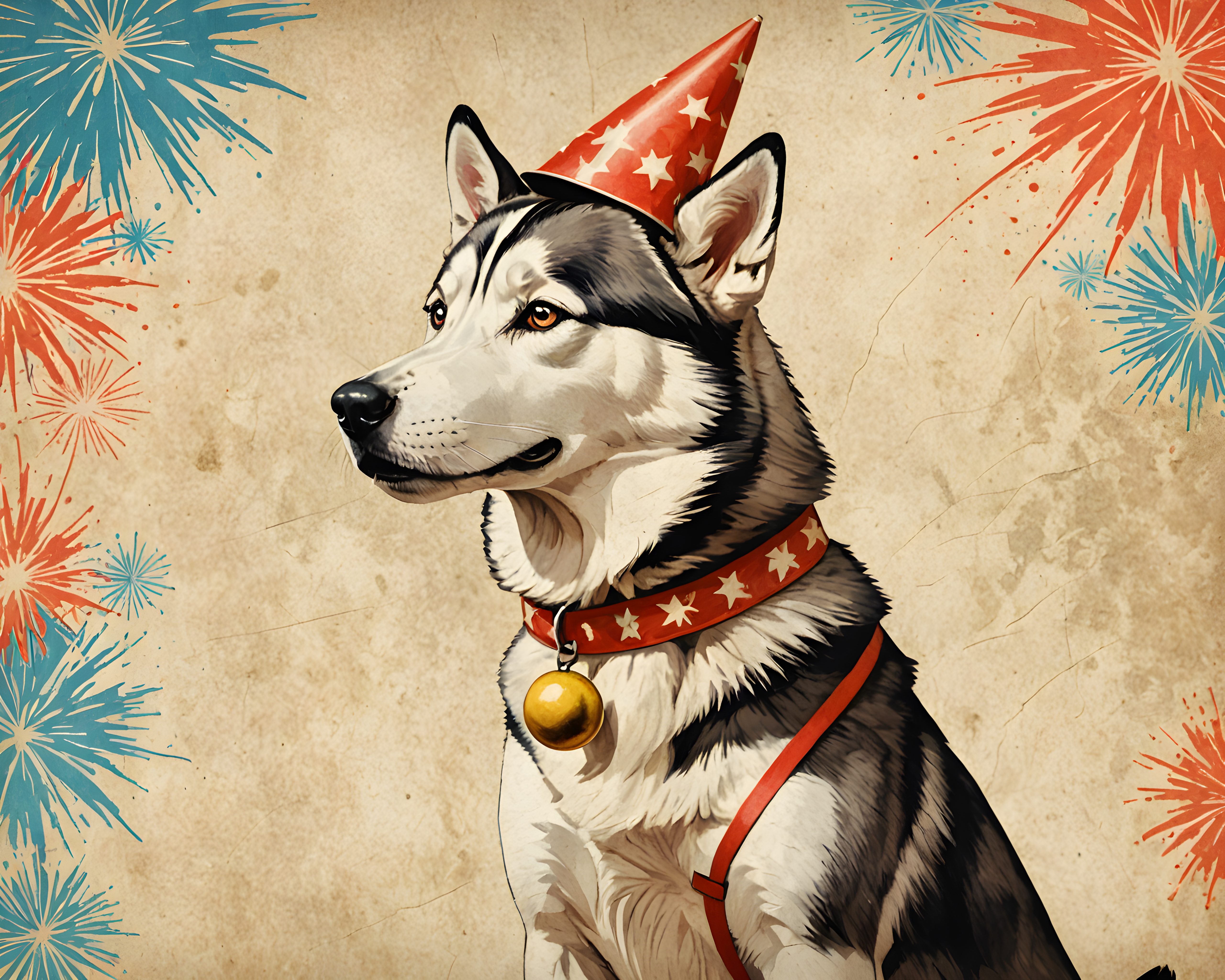 Fireworks Husky — Vintage Poster (Energetic)