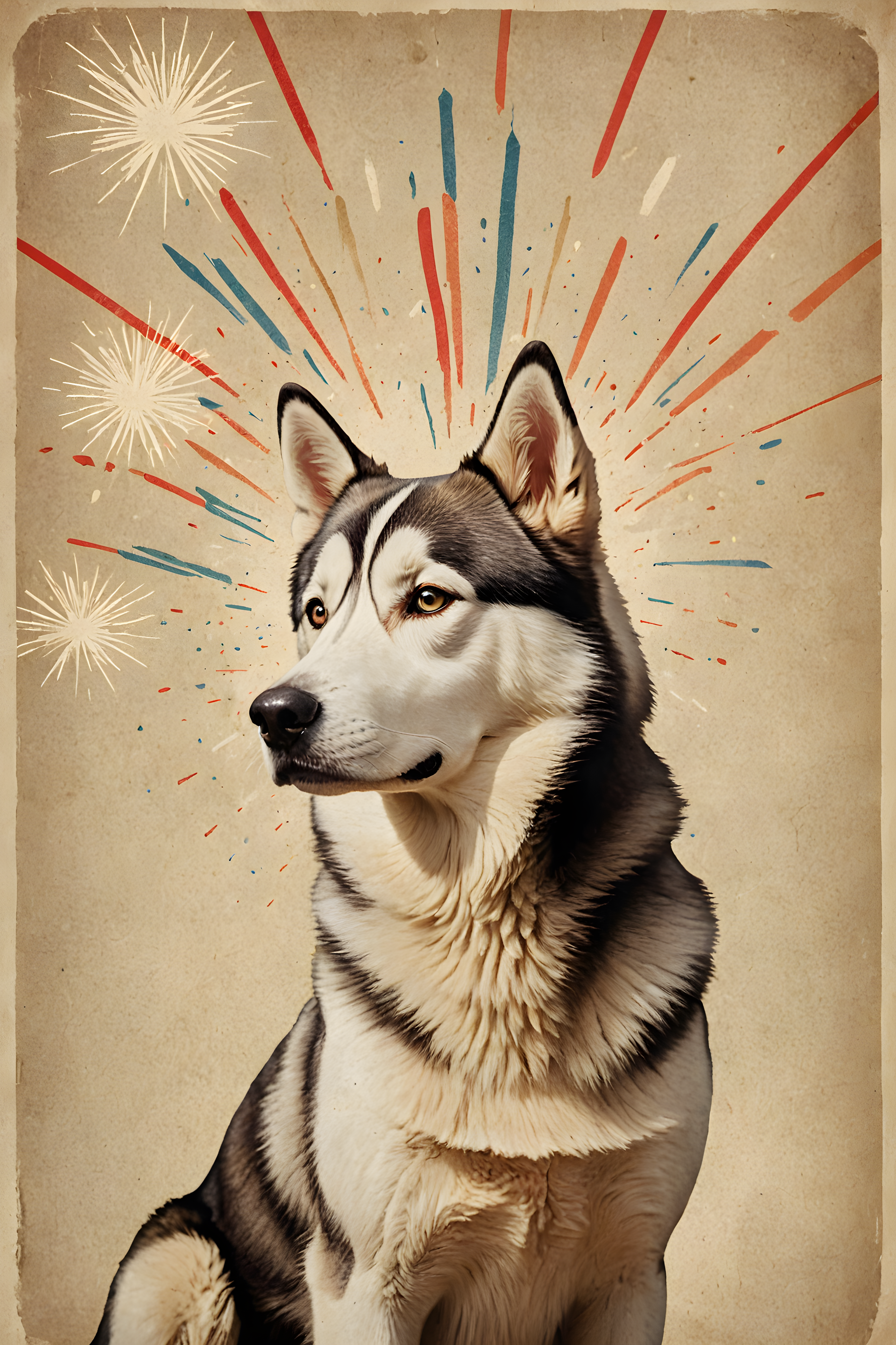 Fireworks Husky — Vintage Poster (Sleepy)