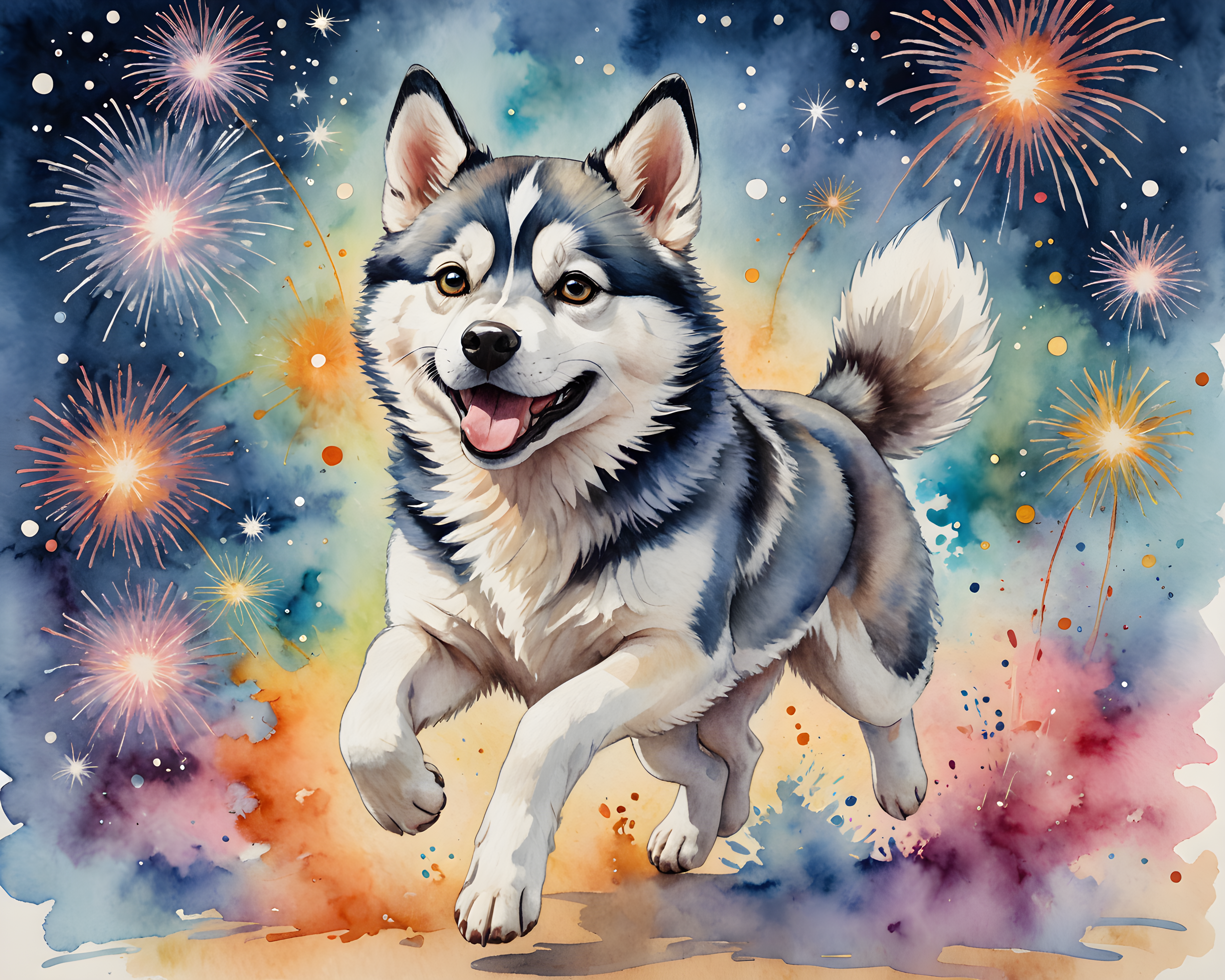 Fireworks Husky — Watercolor (Cute)