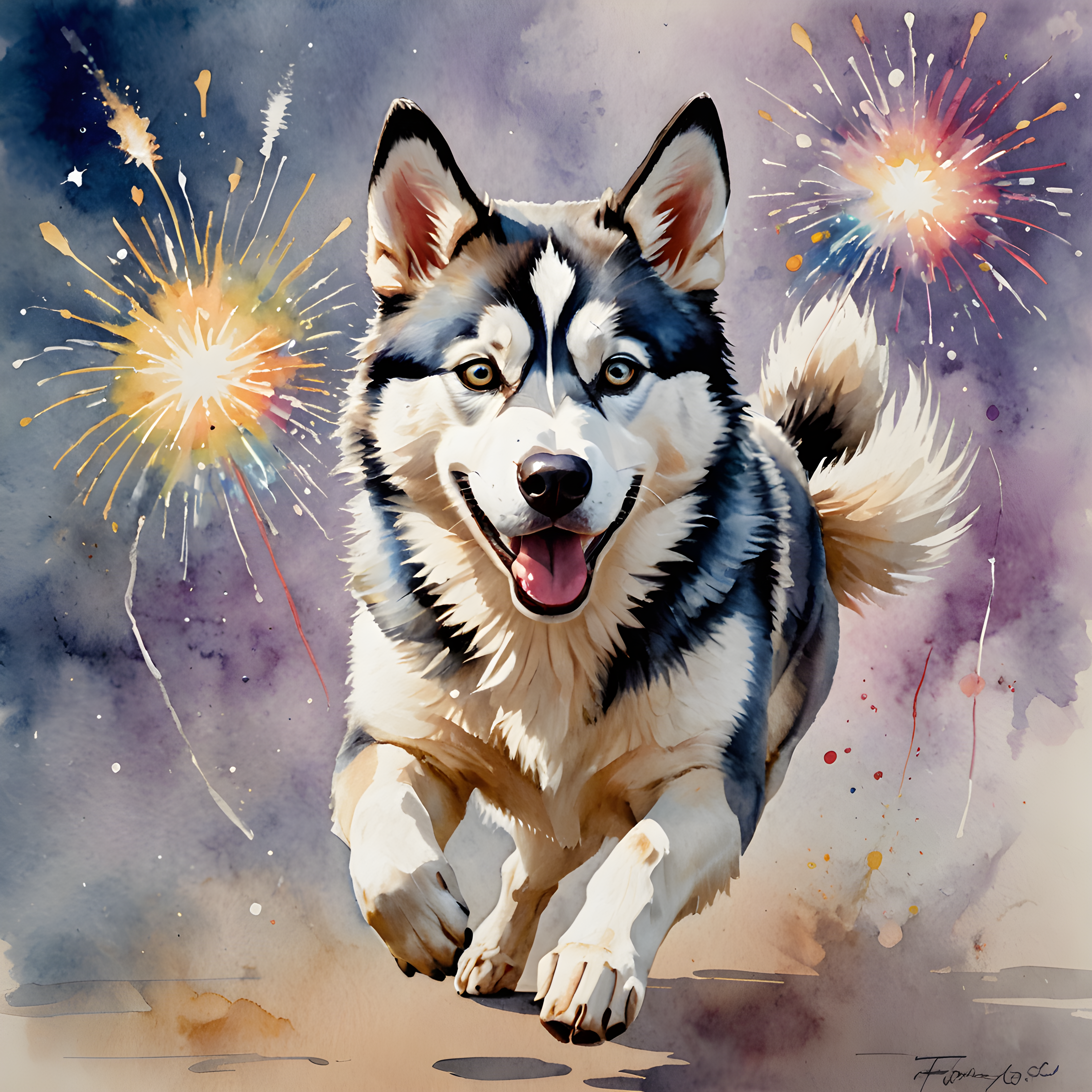Fireworks Husky — Watercolor (Playful)