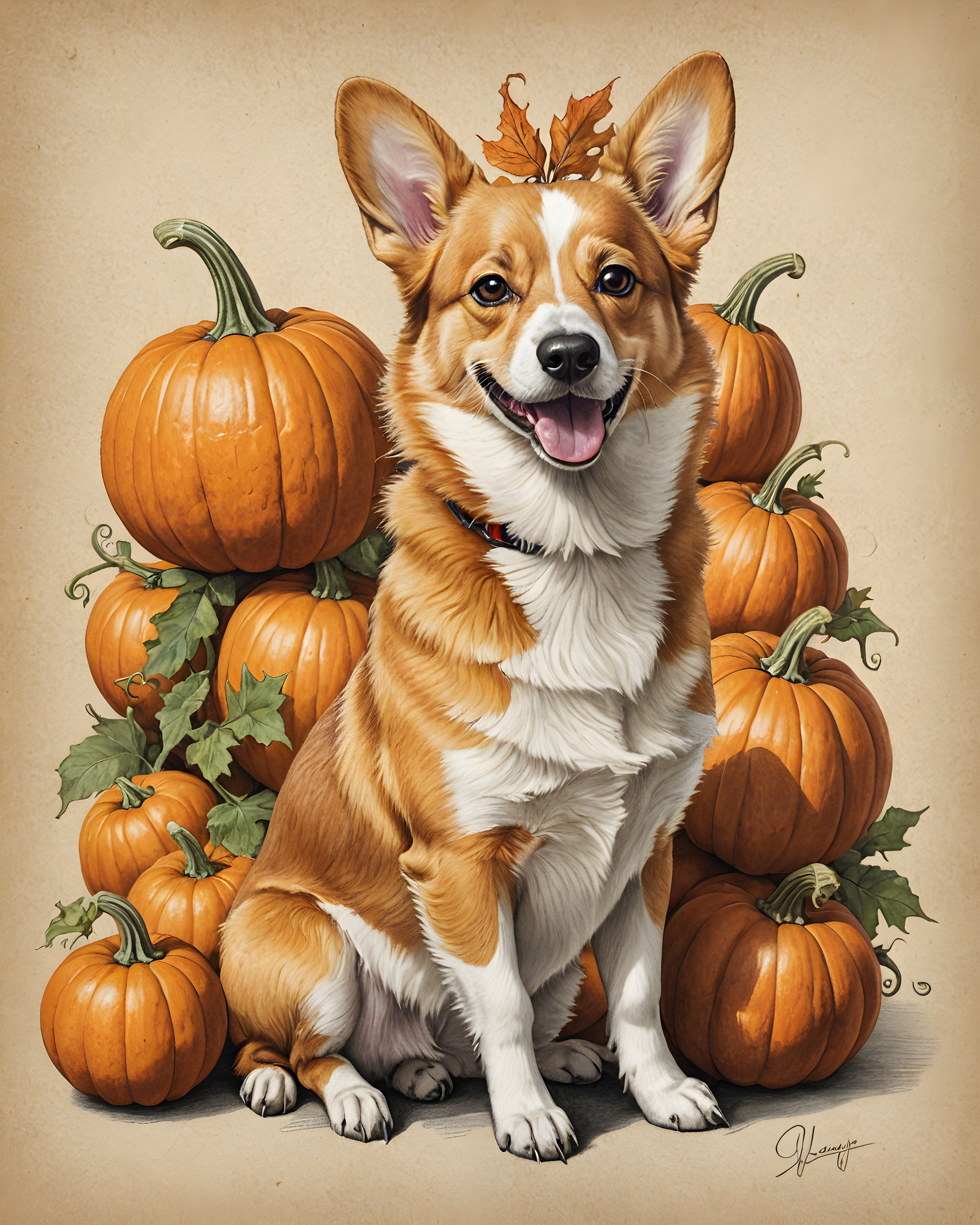 Pumpkin Corgi — Pencil Sketch (Energetic)