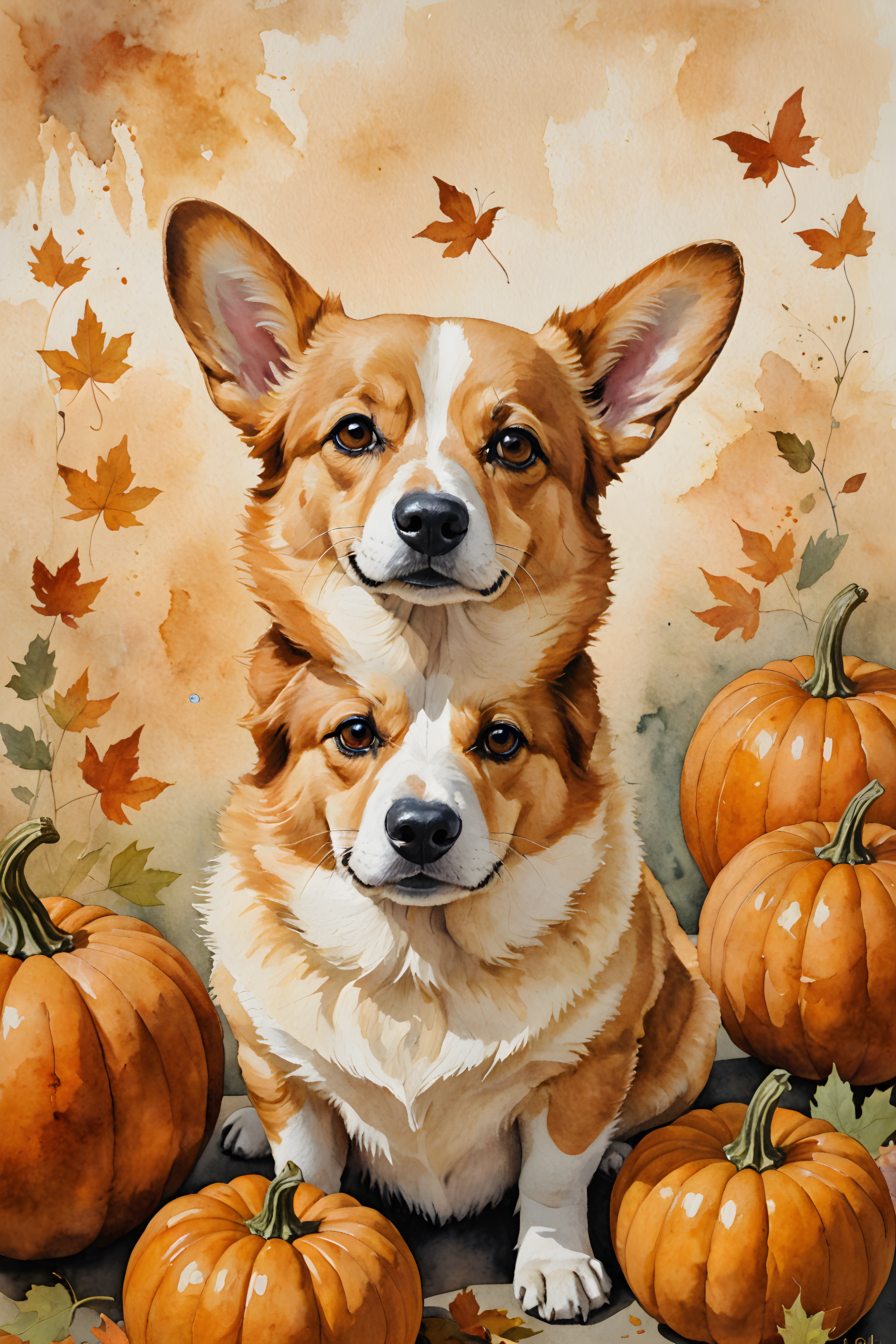 Pumpkin Corgi — Watercolor (Emotional)