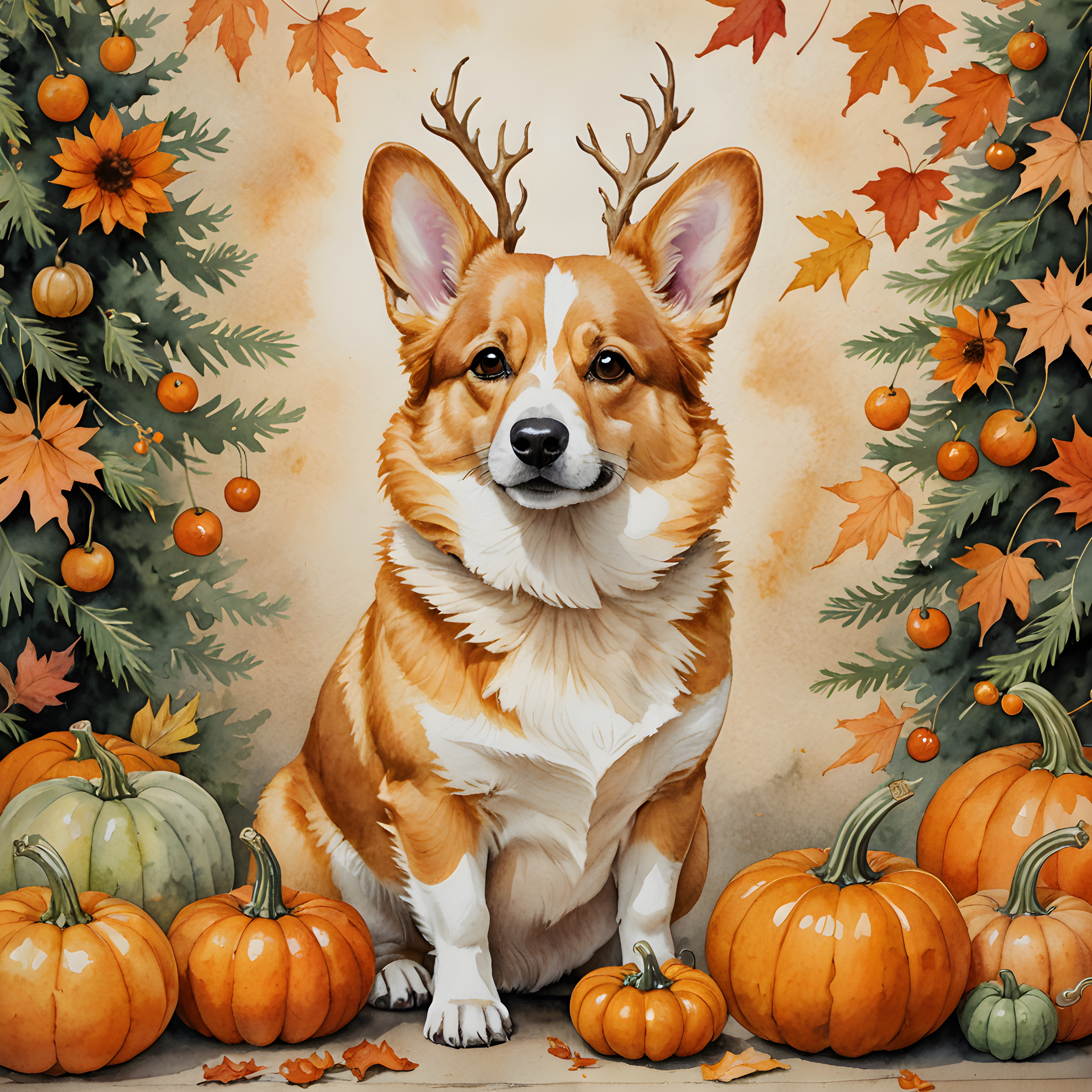 Pumpkin Corgi — Watercolor (Seasonal)