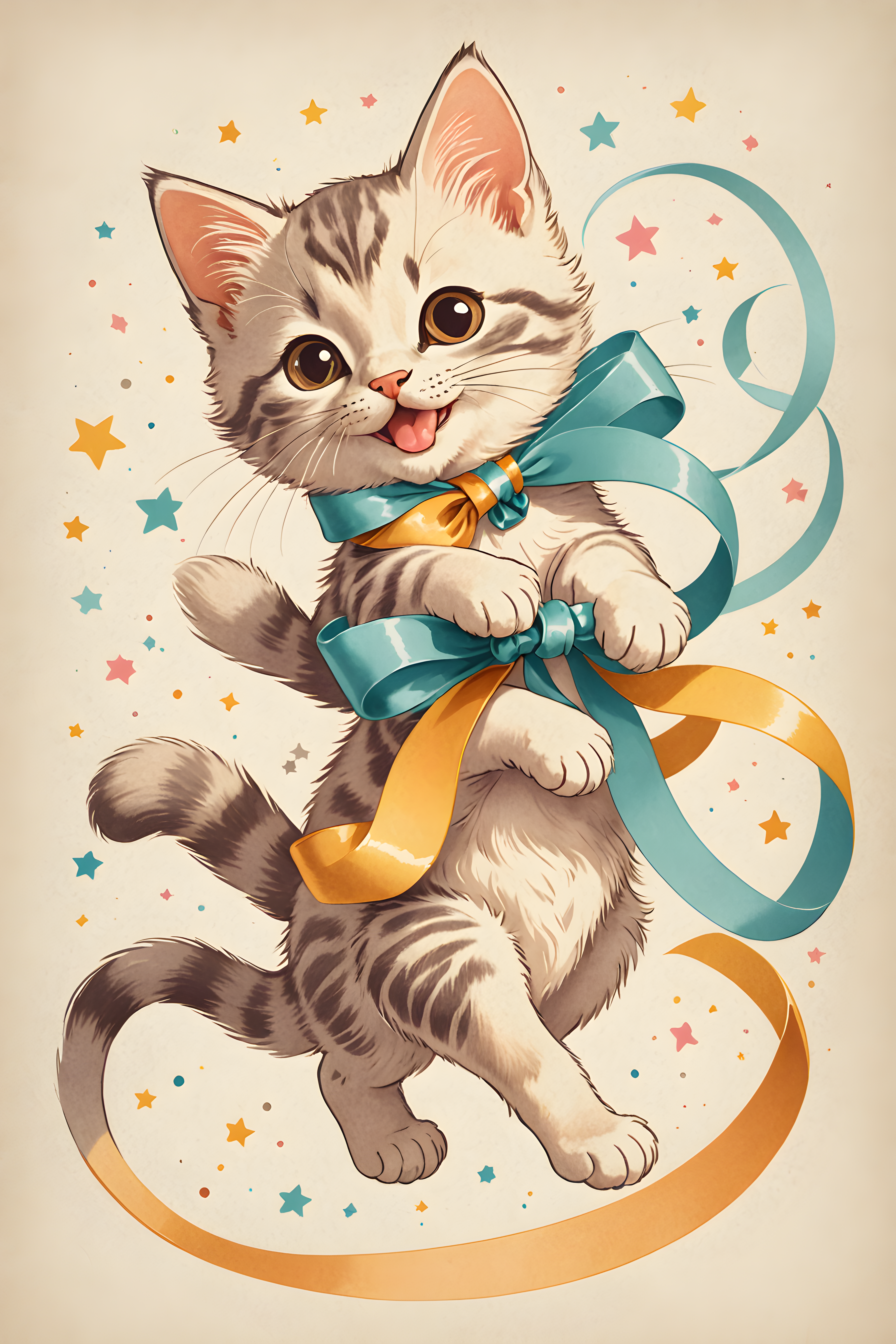 Kitten With Ribbon — Retro (Happy)