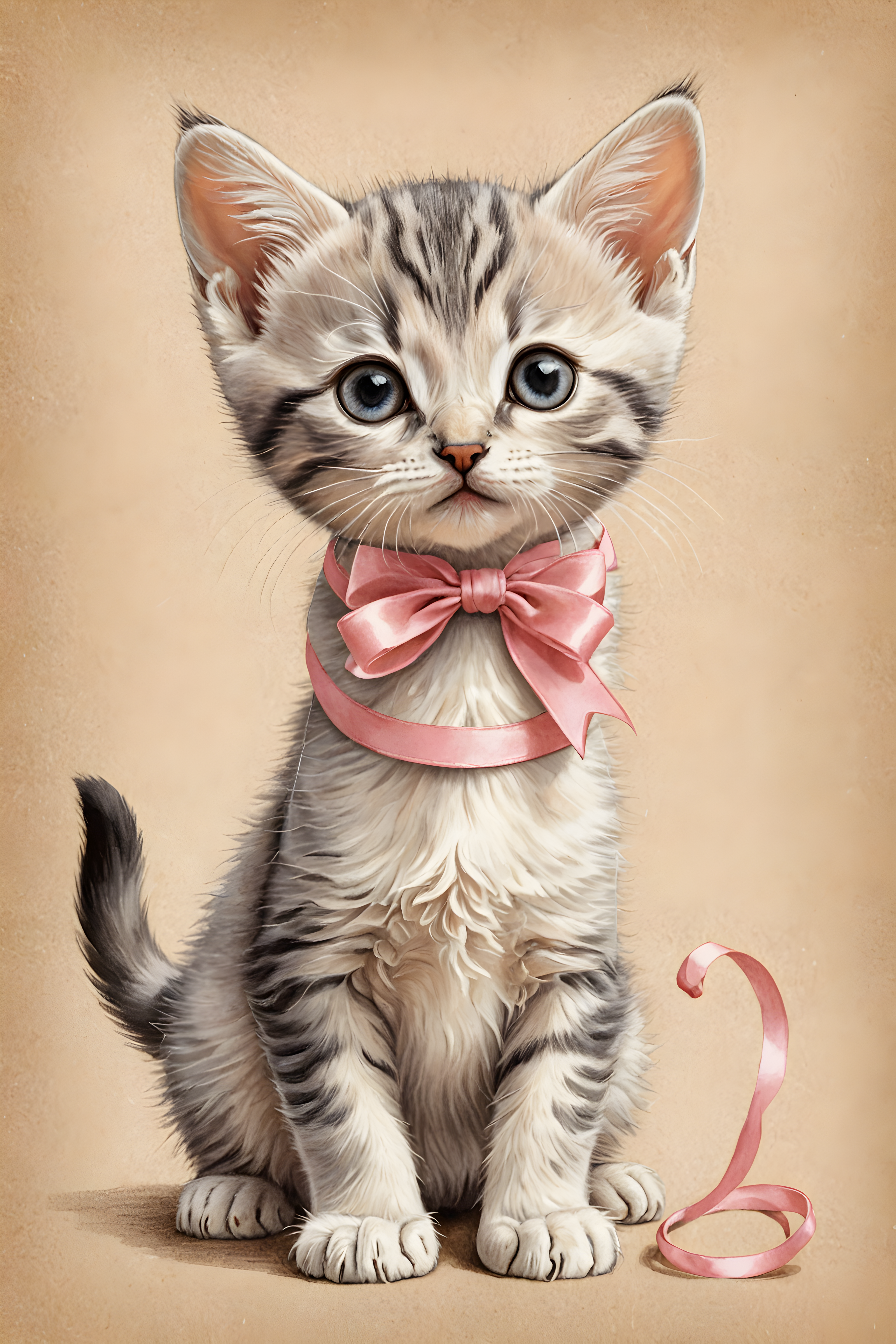 Kitten With Ribbon — Pencil Sketch (Cute)