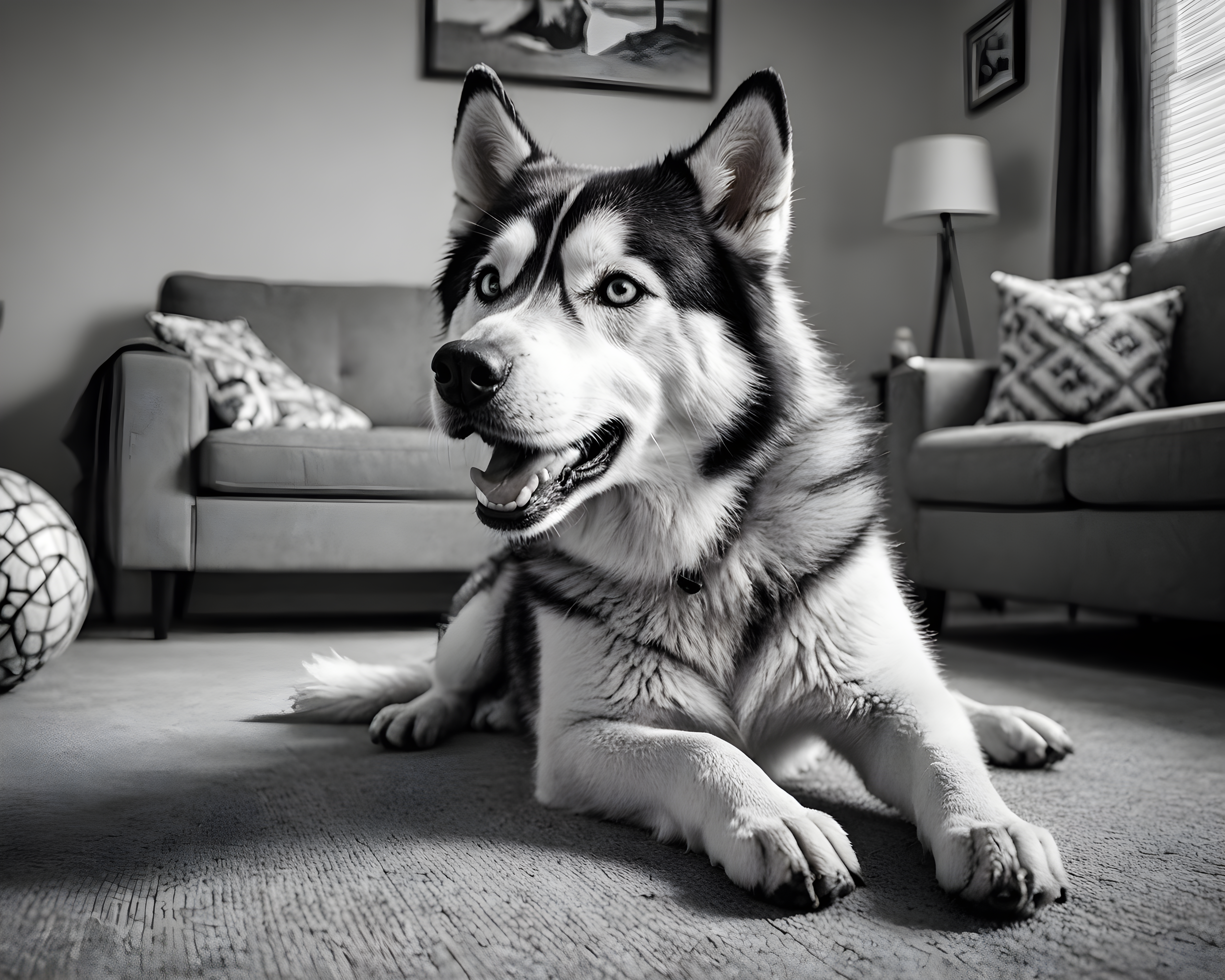 Derpy Husky — Black & White (Playful)