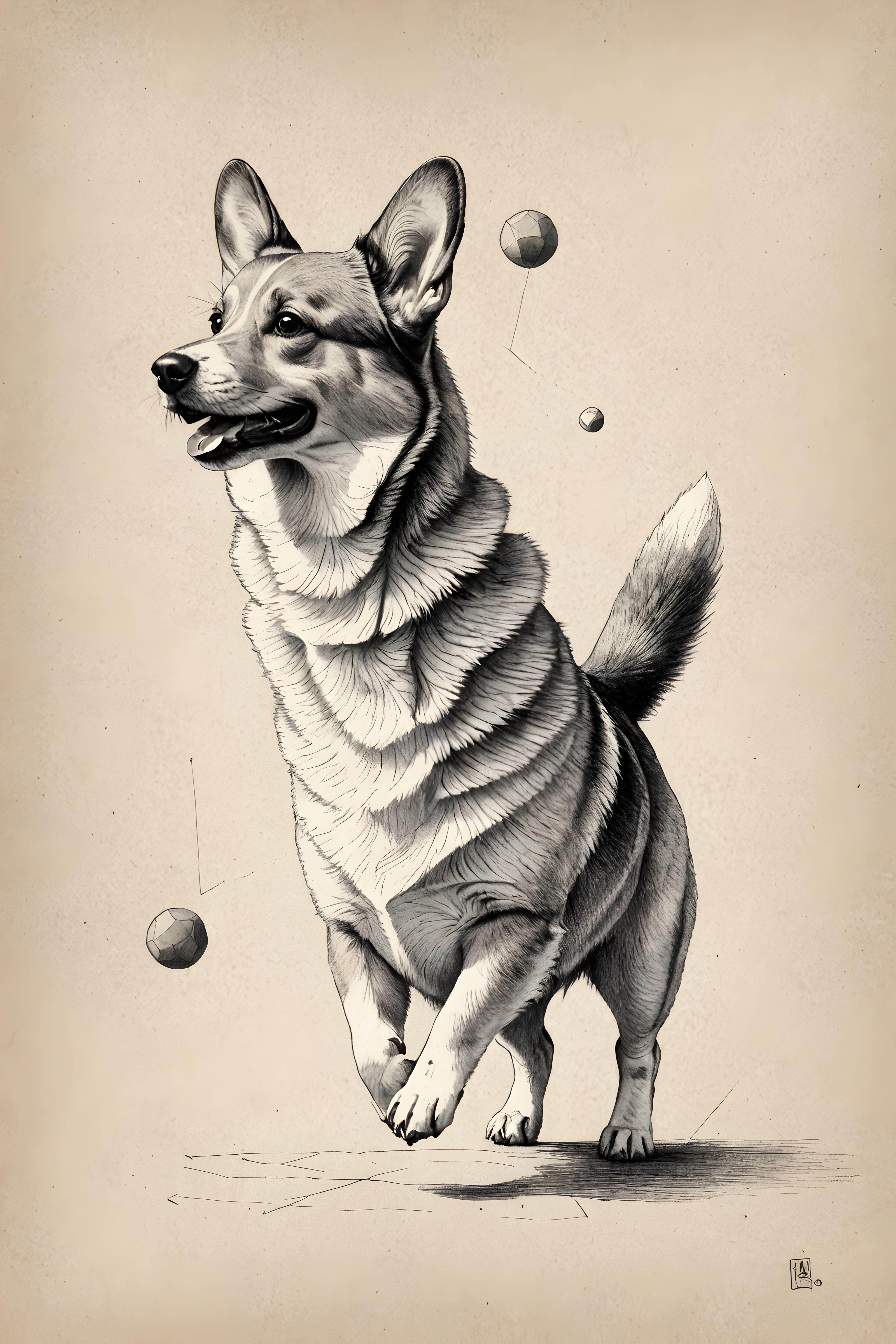 Geometric Corgi — Pencil Sketch (Playful)
