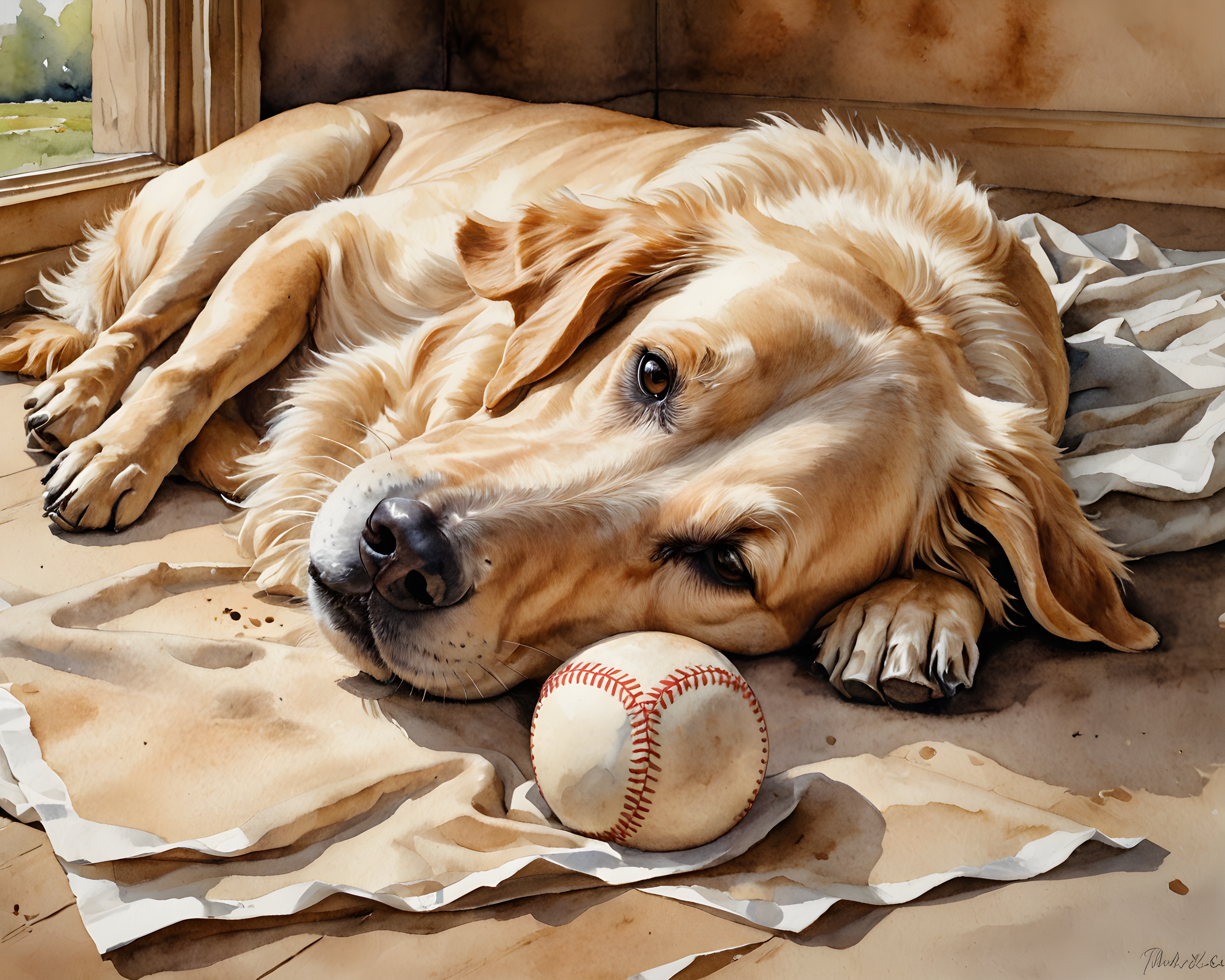 Baseball Retriever — Watercolor (Sleepy)