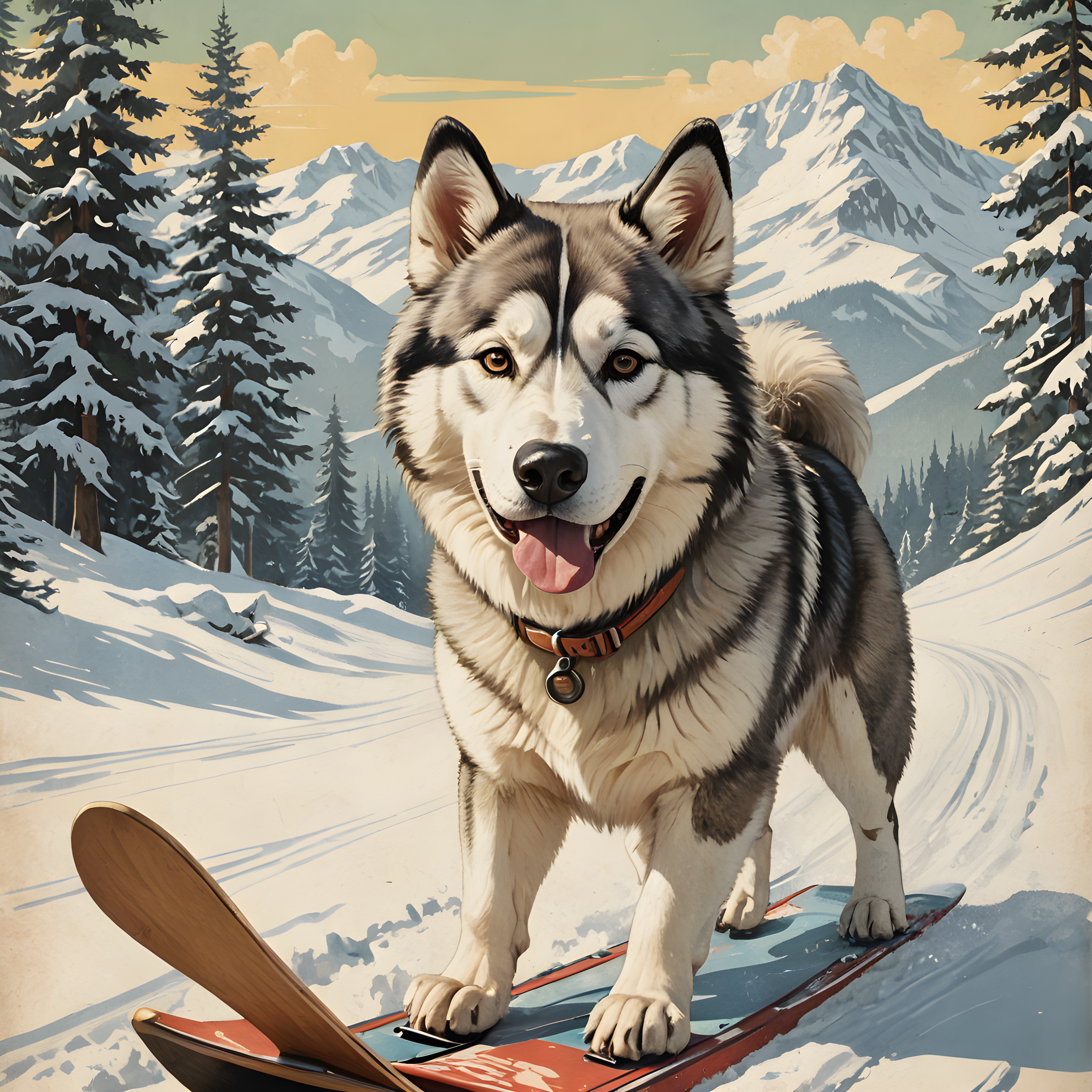Ski Malamute — Vintage Poster (Cute)