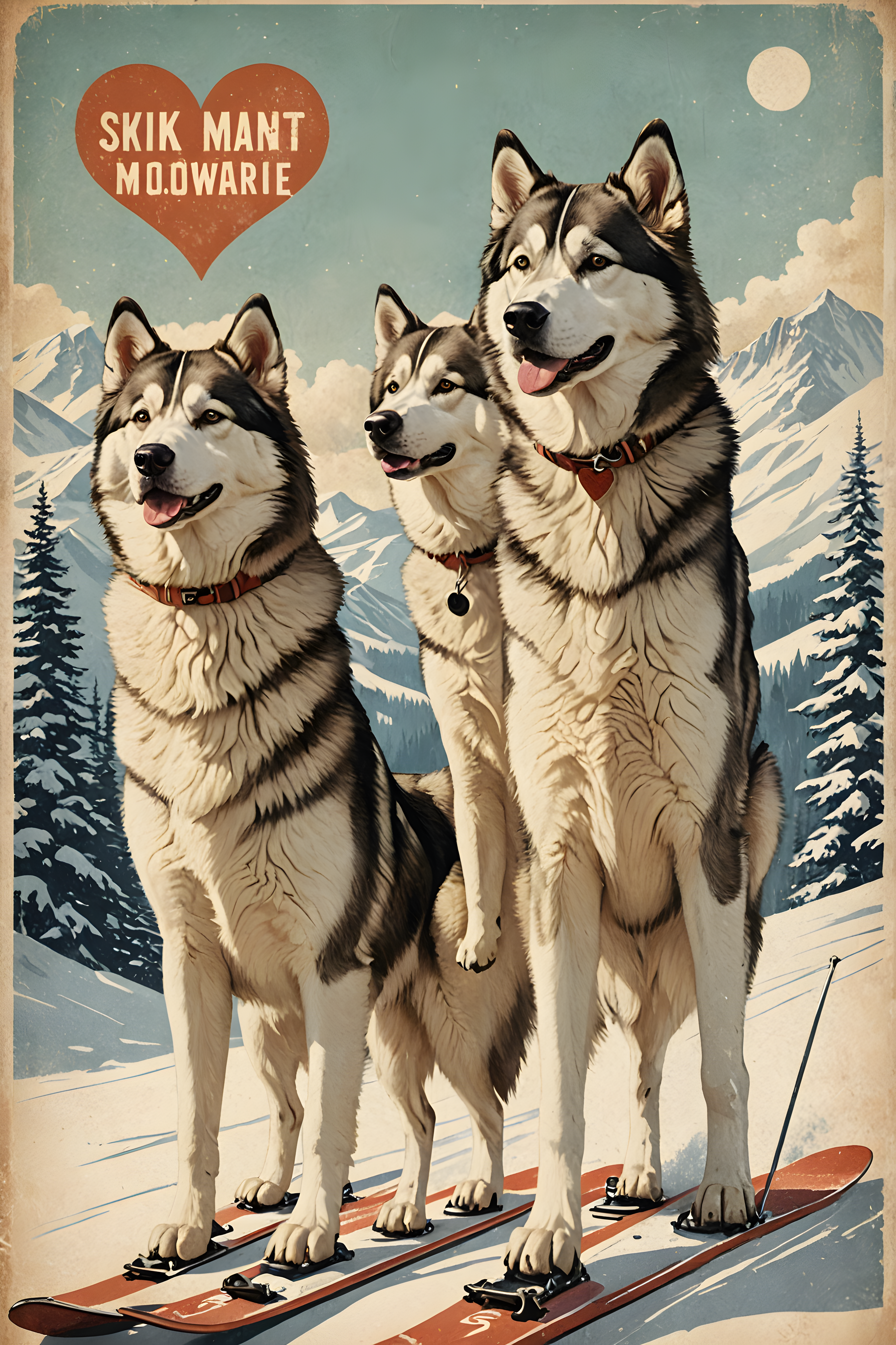 Ski Malamute — Vintage Poster (Romantic)