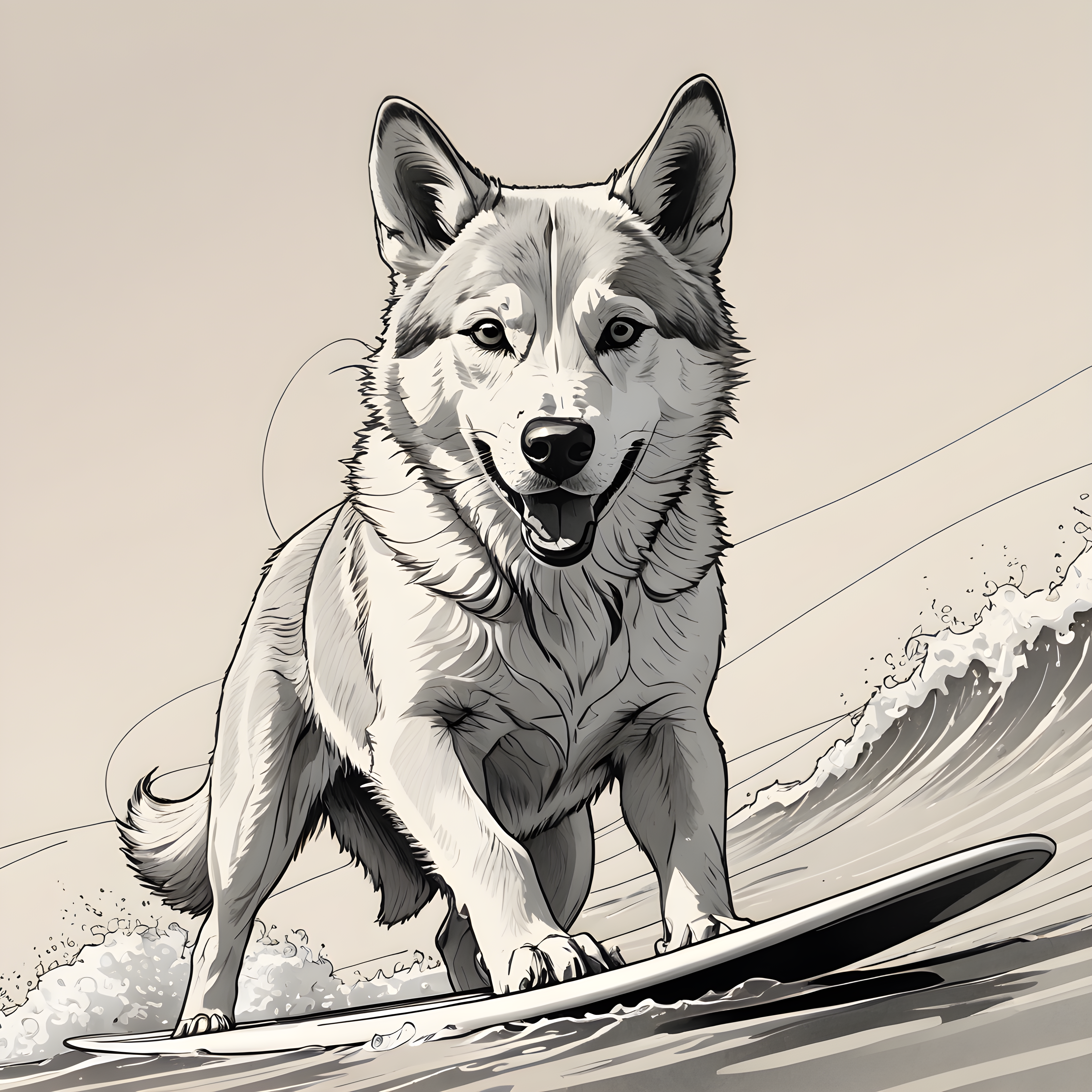 Surf Husky — Minimalist Line Art (Romantic)