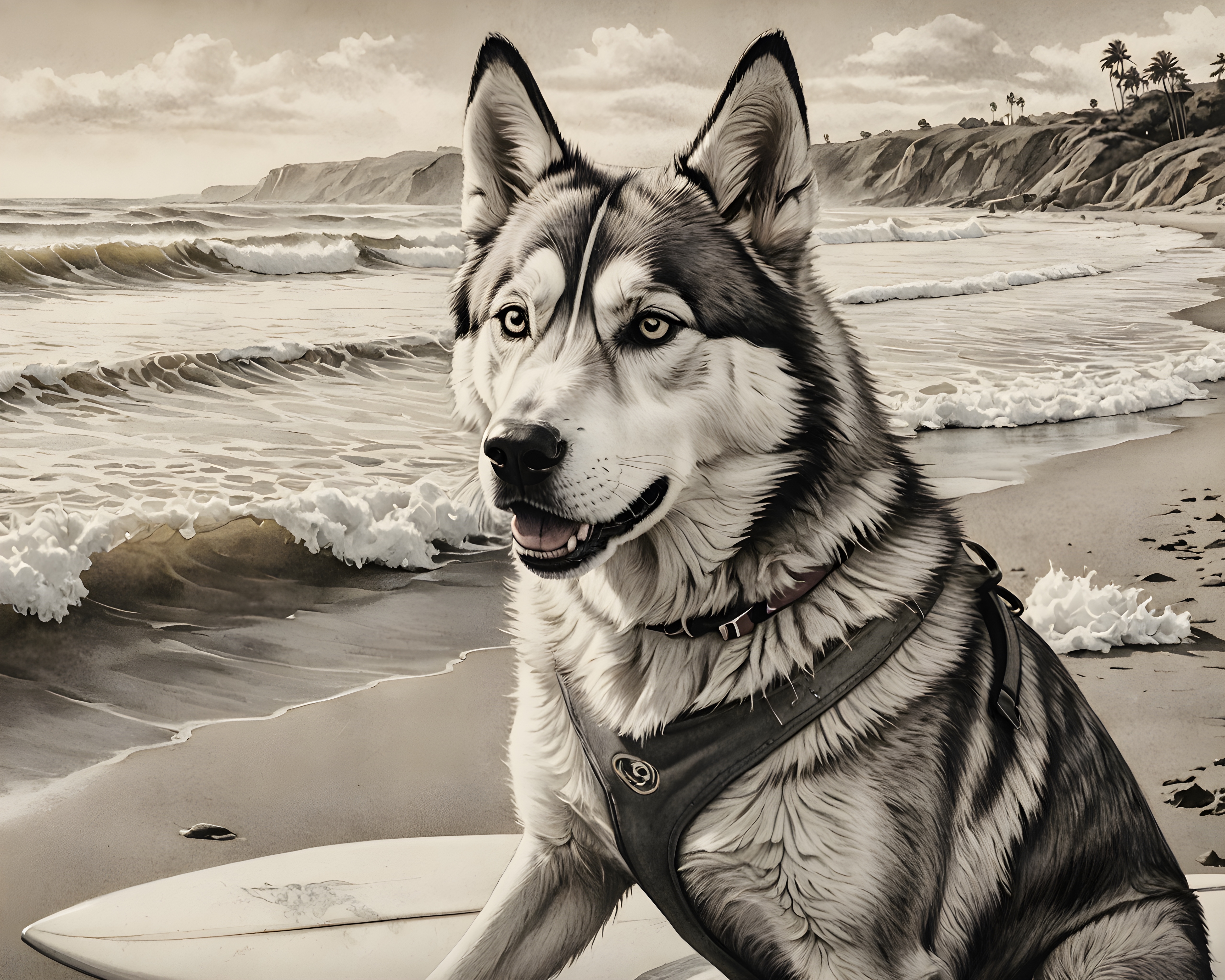 Surf Husky — Pencil Sketch (Romantic)