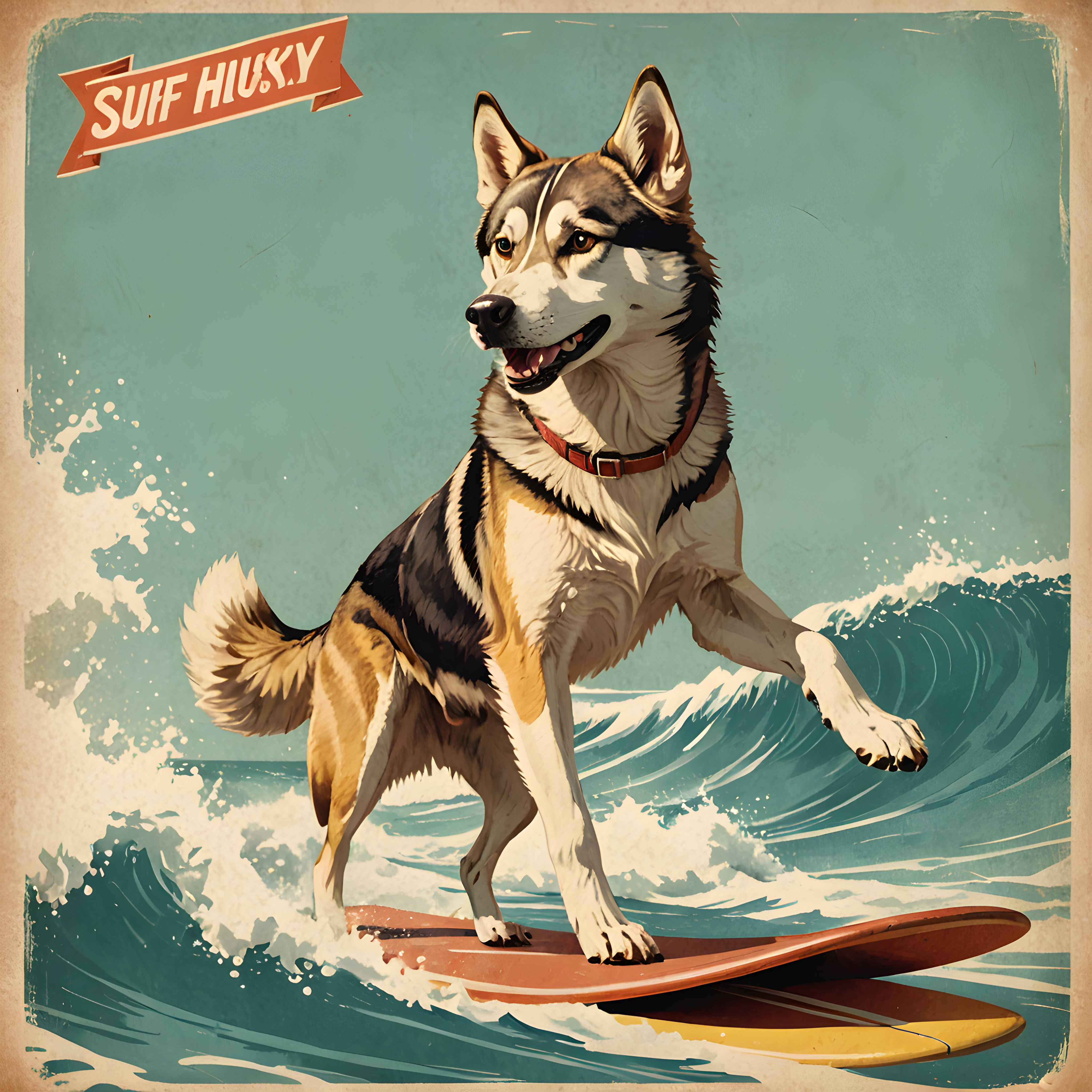 Surf Husky — Vintage Poster (Energetic)