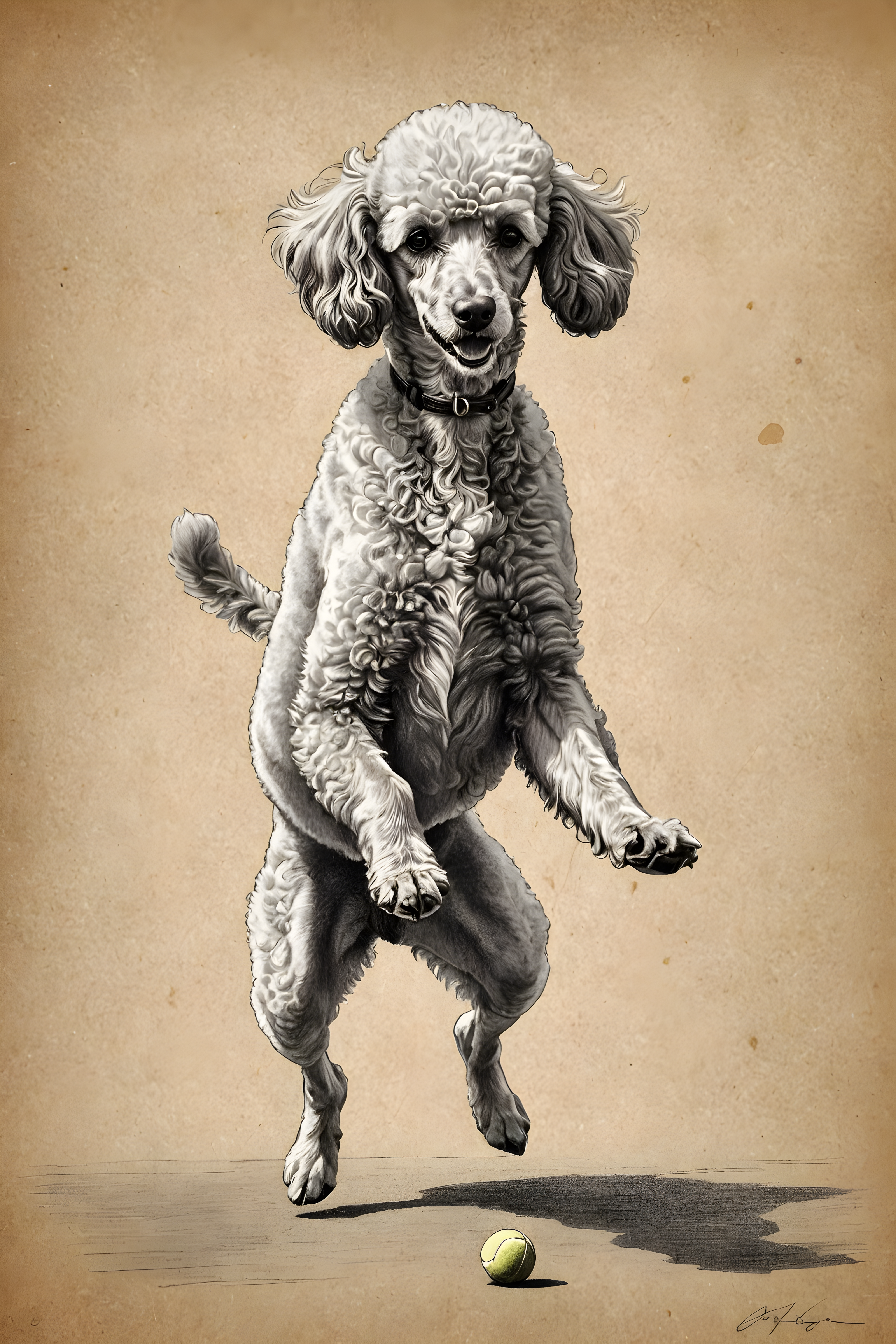 Tennis Poodle — Pencil Sketch (Romantic)