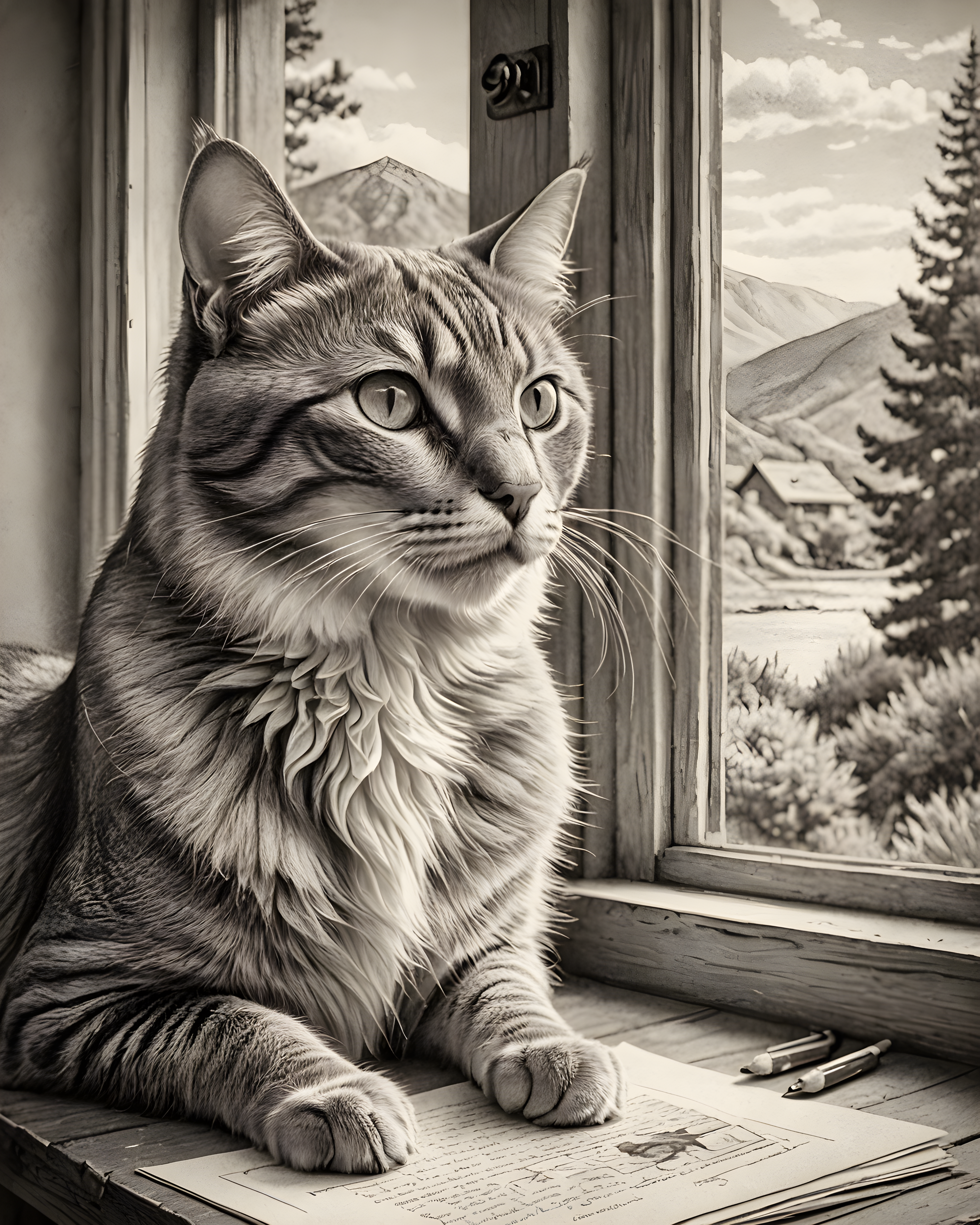 Retro Cat — Pencil Sketch (Emotional) — Wall Art (Printable) — Portrait 4×5