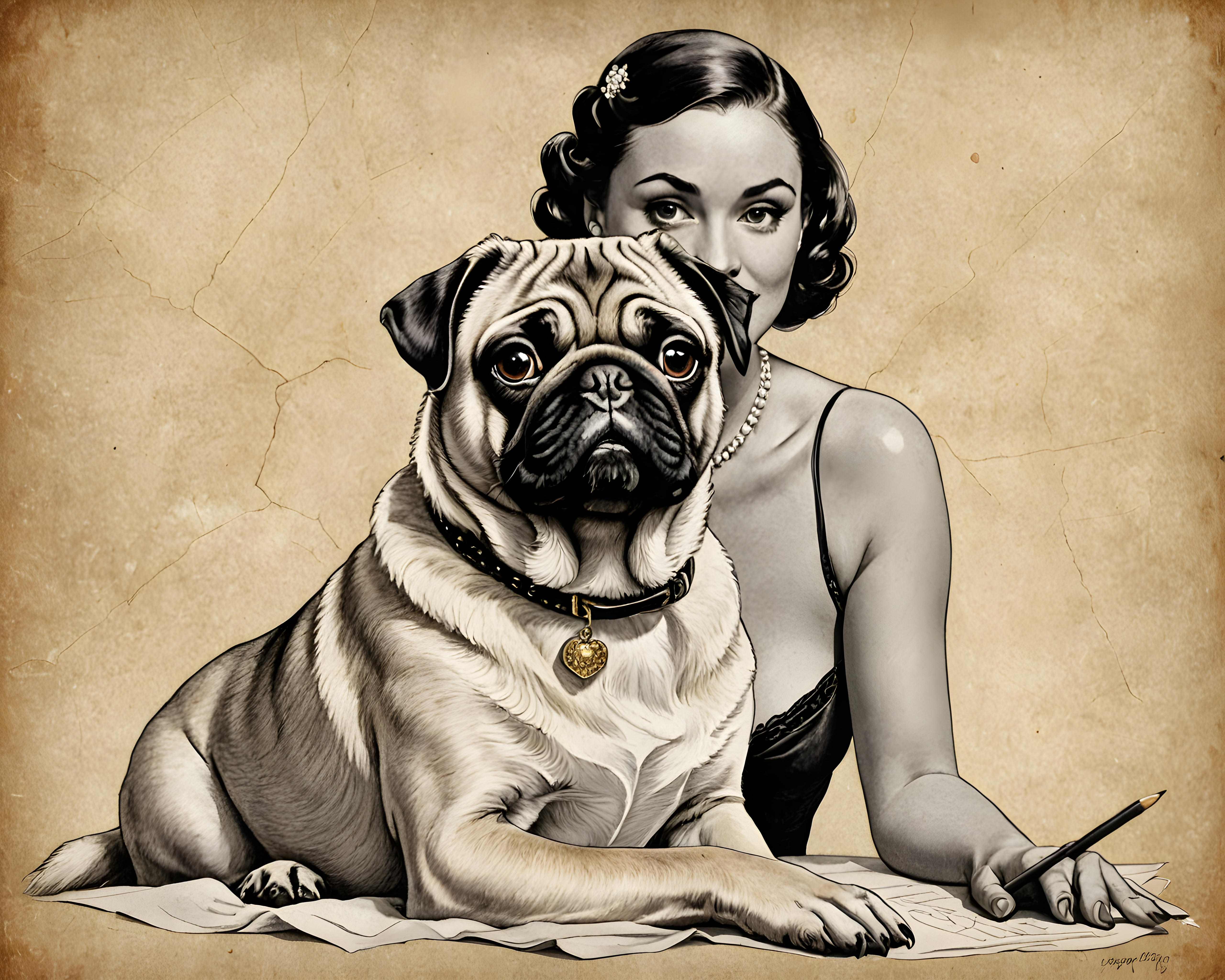 Vintage Pin Up Pug — Pencil Sketch (Luxury)